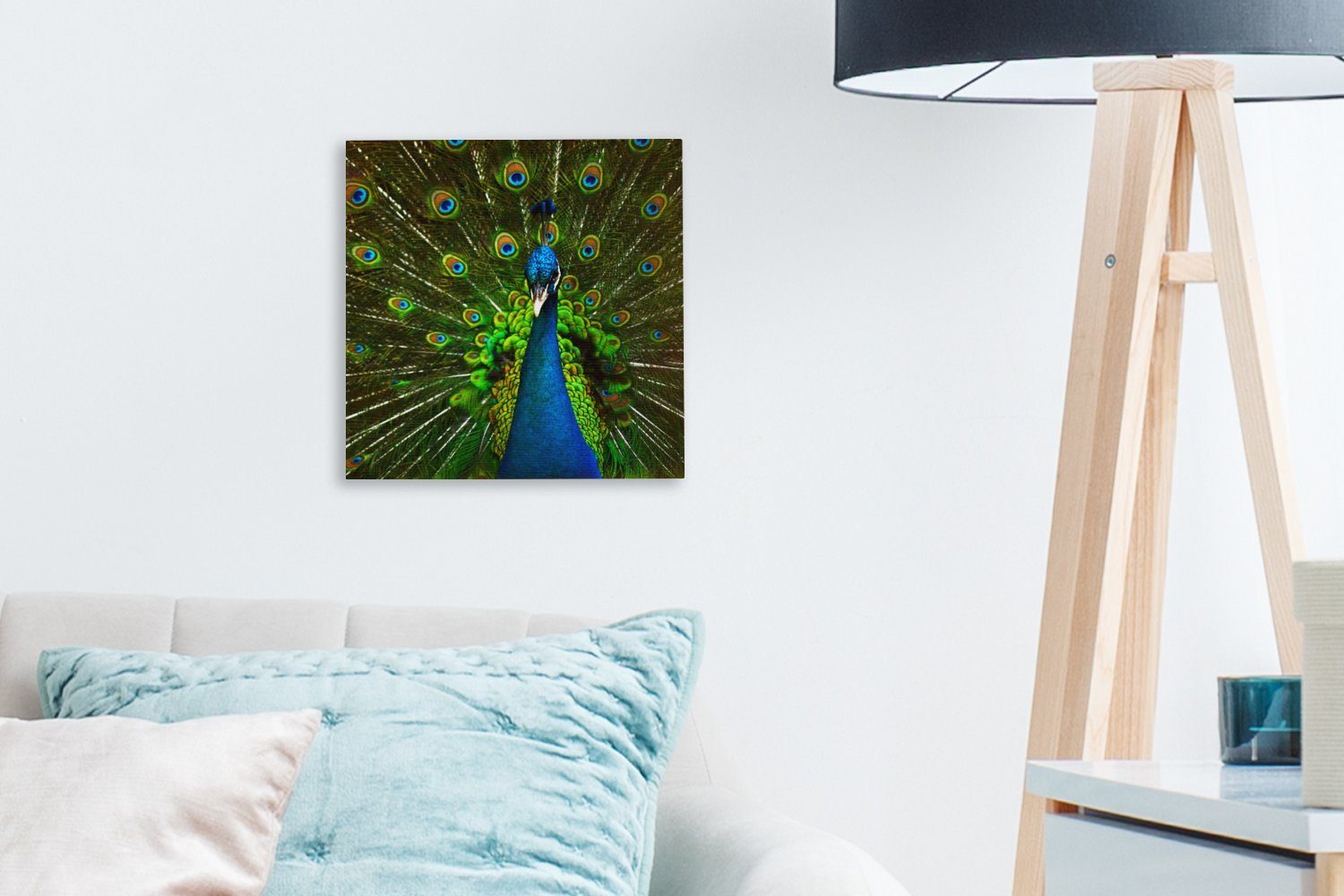 (1 - Wohnzimmer - Bilder Leinwandbild Pfau Federn Blau, St), für Leinwand - OneMillionCanvasses® Schlafzimmer Muster