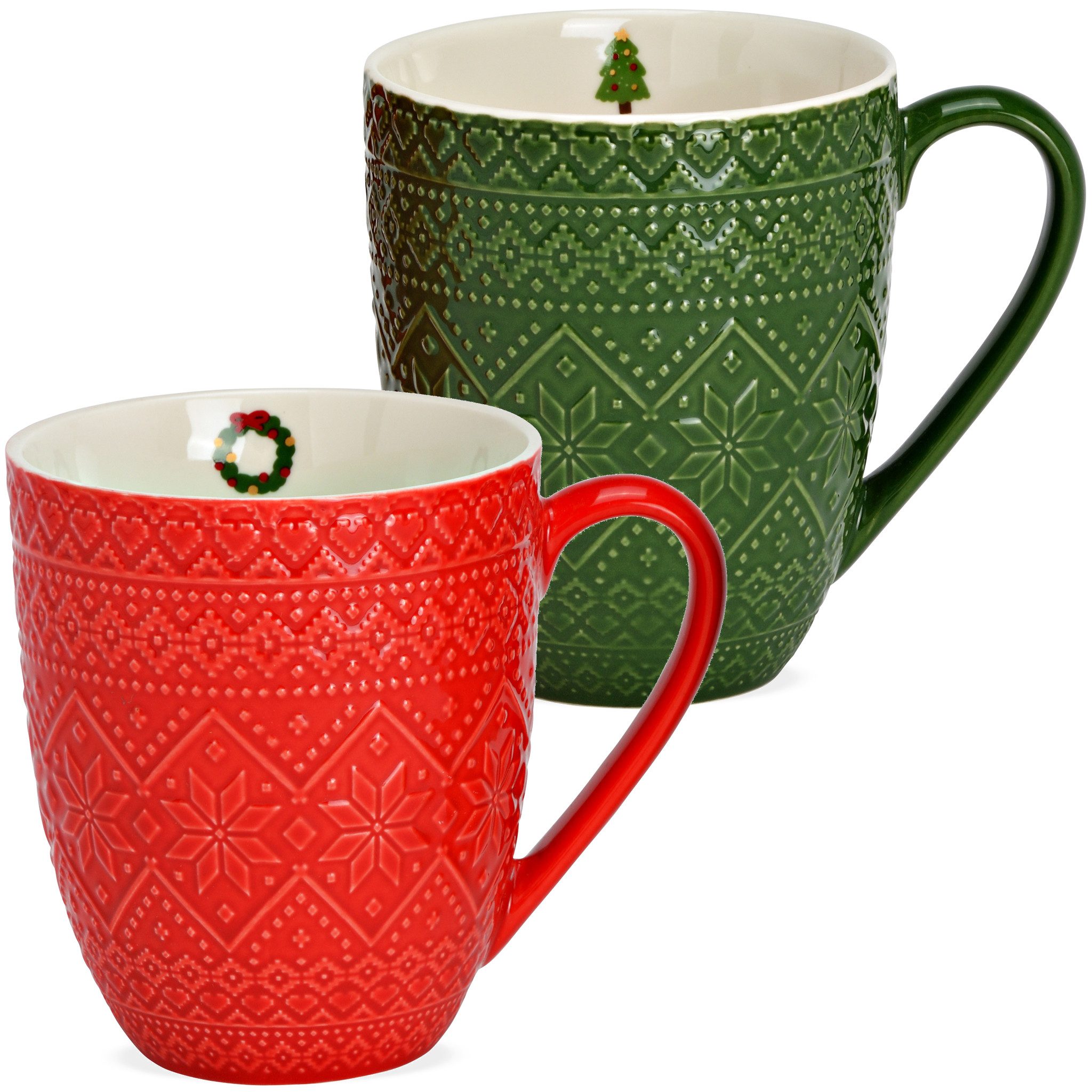 matches21 HOME & HOBBY Tasse Kaffeetassen 2er Set in Rot & Grün mit Winter Design, 2-tlg., Porzellan, Jumbo Weihnachts-Tassen aus Porzellan 410 ml