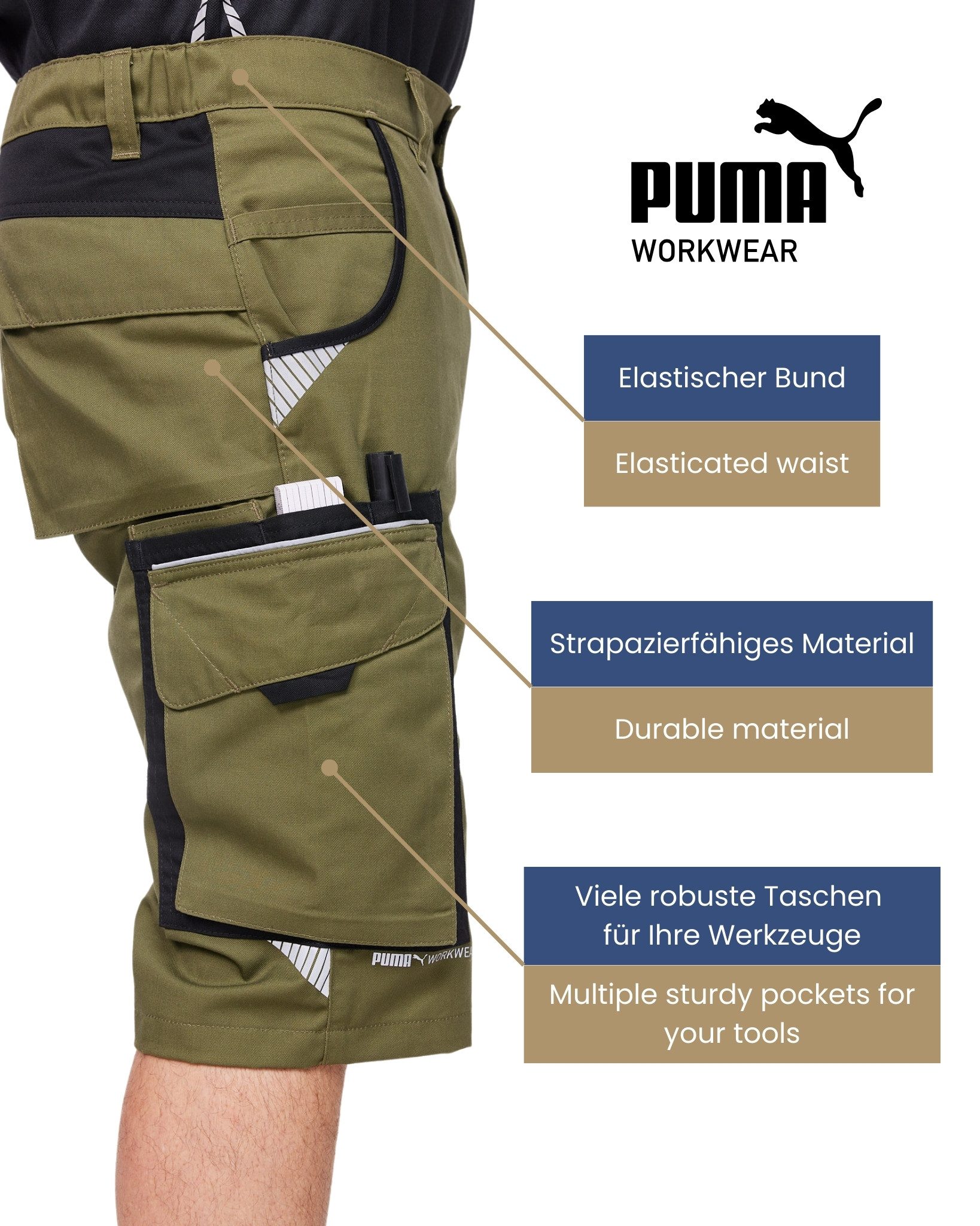 PUMA Workwear Arbeitsshorts PRECISION X - kurze Arbeitshose Herren - Bequeme Passform Robustes und flexibles Material mit Reflektoren - Praktische Taschen