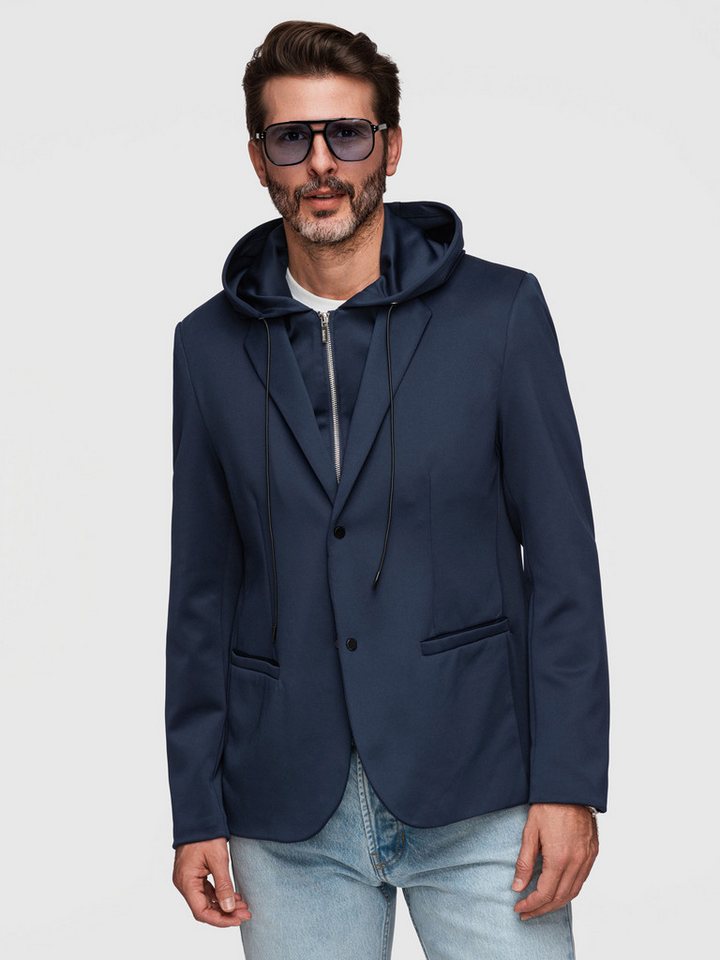 OMBRE Anzugsakko Herren Blazer mit Kapuze Casual Sakko Navy S (kein Set, 1-tlg) Abnehmbare Kapuze