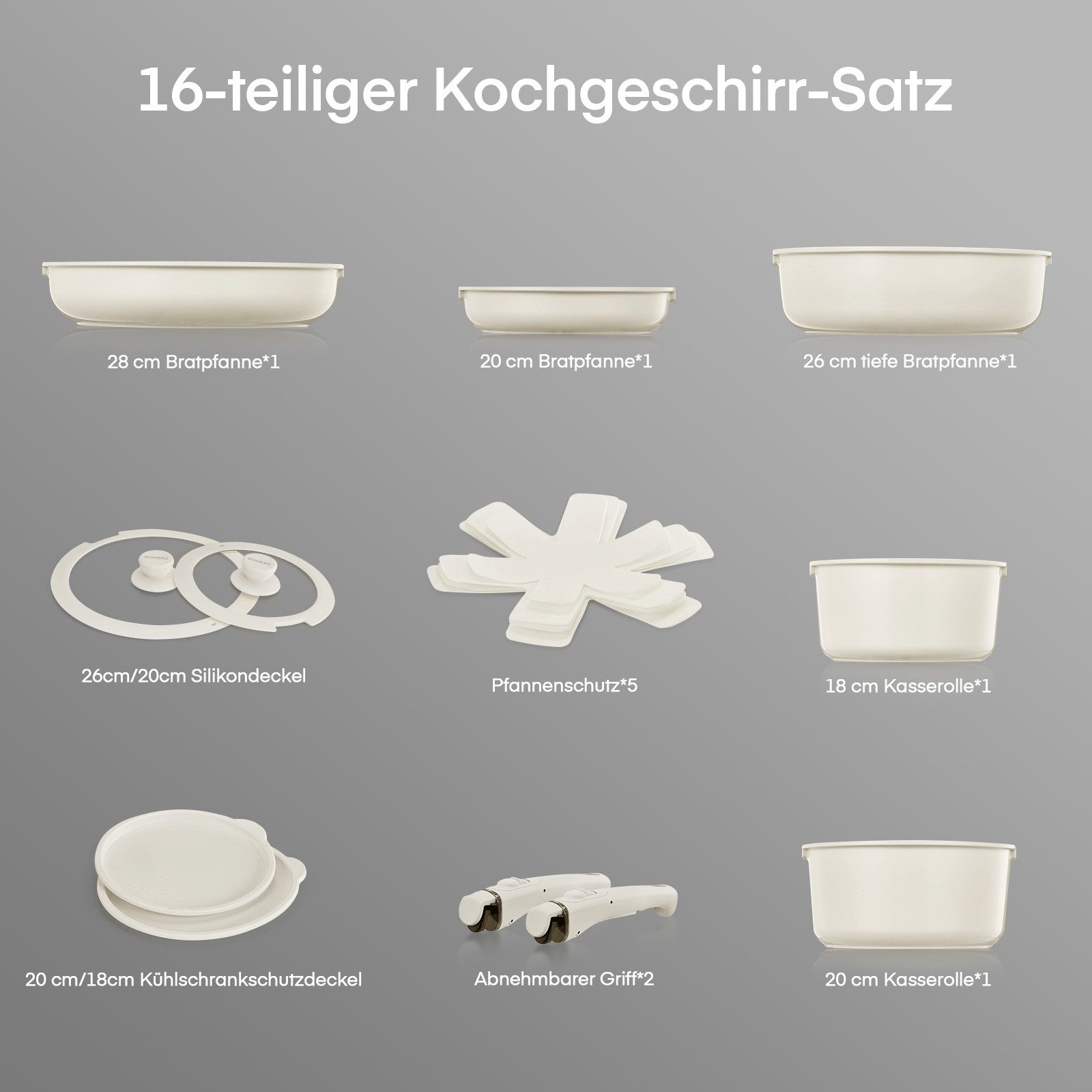 FOHERE Topf-Set 16-teiliges Topf- und Pfannenset, antihaftbeschichtet, Keramik-Antihaftbeschichtung (Set, 16-tlg), mit abnehmbarem Griff