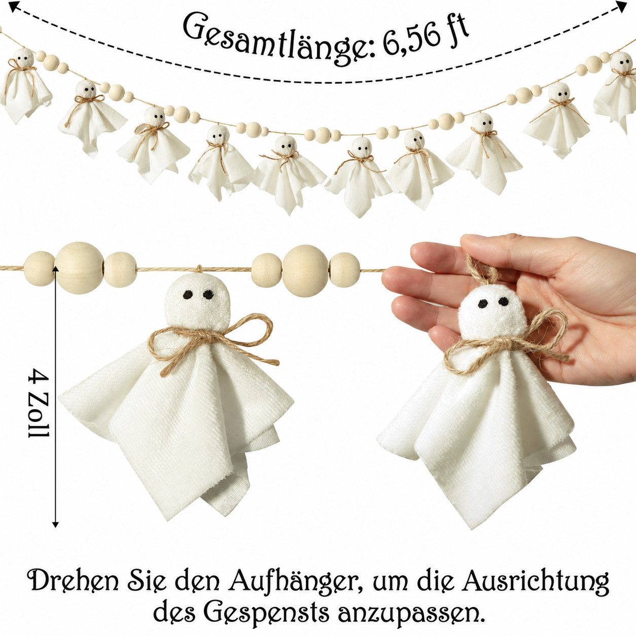 Sorvyzxn Dekohänger Halloween Girlande 1er Set, Weiße Geister-Deko mit Holzperlen, Niedliche Gespenster-Girlande für Kaminsims, Wand & Zuhause – Bild 3 von 5