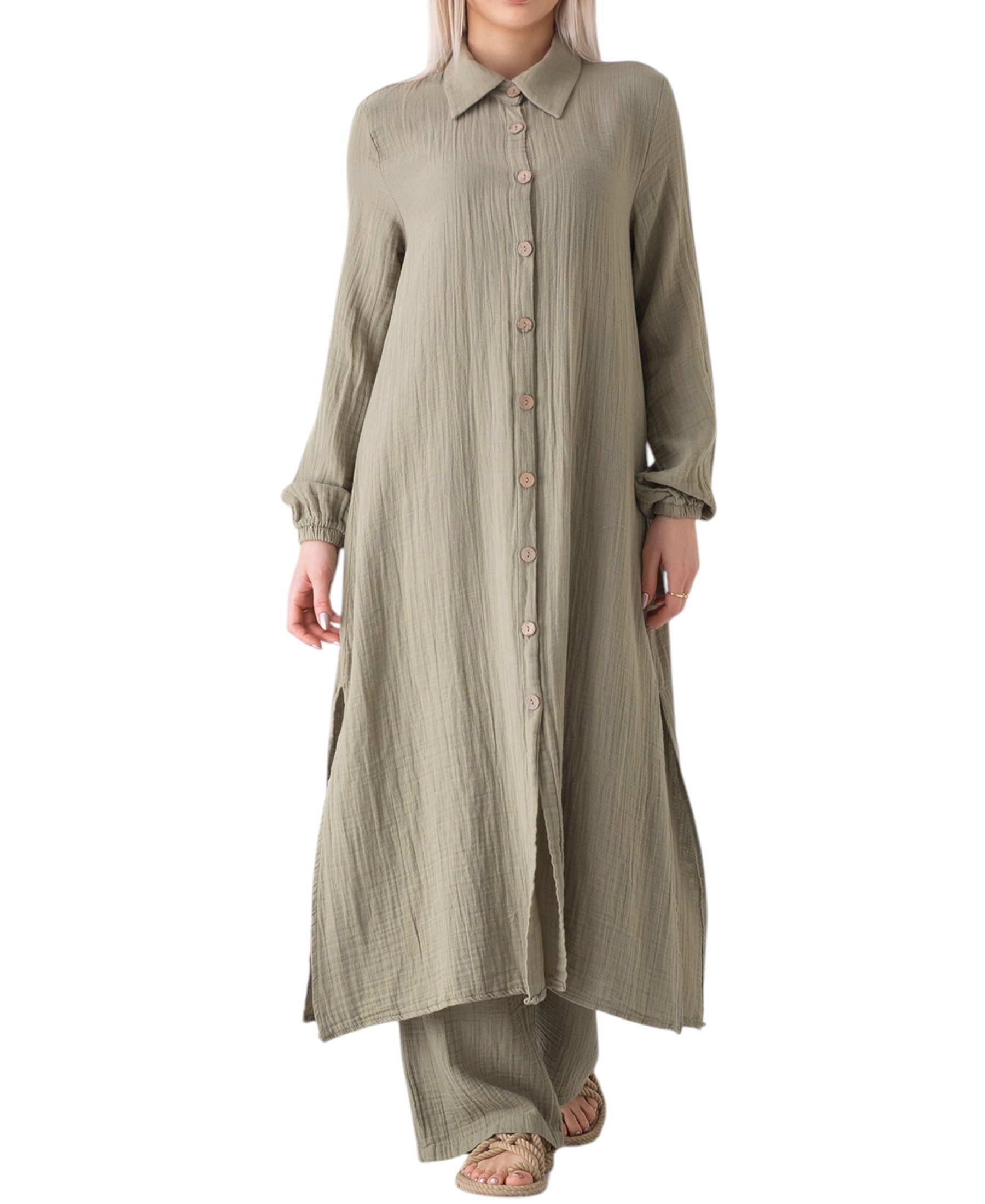WENOR Longtunika Musselin 130cm lang Kokosknopf 100% Baumwolle Modest Look 36-50