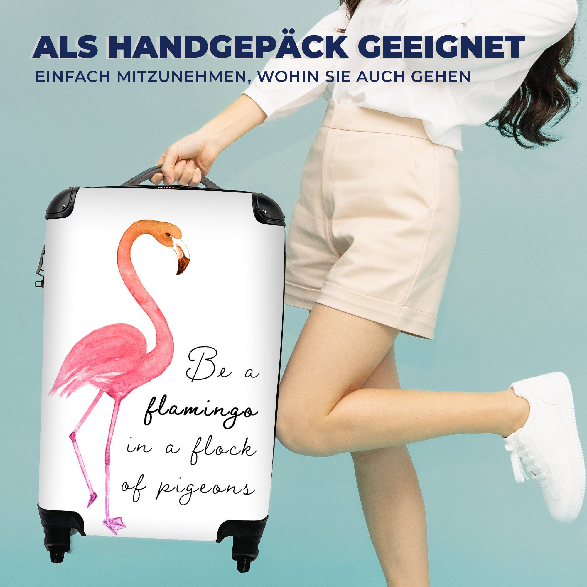MuchoWow Handgepäckkoffer Orange Reisetasche mit 4 für - - Reisekoffer Trolley, Zitat, Ferien, Rollen, Flamingo Handgepäck rollen