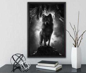 Pixxprint Leinwandbild Böser Wolf bei Gewitter im Höhleneingang B&W Detail, Wanddekoration (1 St), Leinwandbild fertig bespannt, in einem Schattenfugen-Bilderrahmen gefasst, inkl. Zackenaufhänger