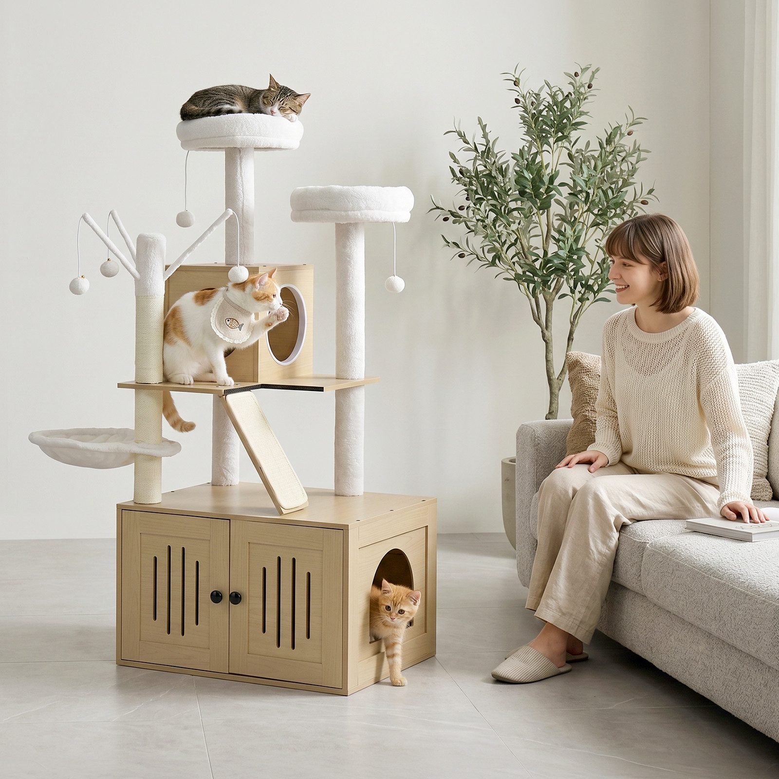 LALAHO Kratzbaum mit Katzenklo Schrank, 134,5 cm hoch, mit Liegemulde, Kratz Stämmen, Plüschbälle