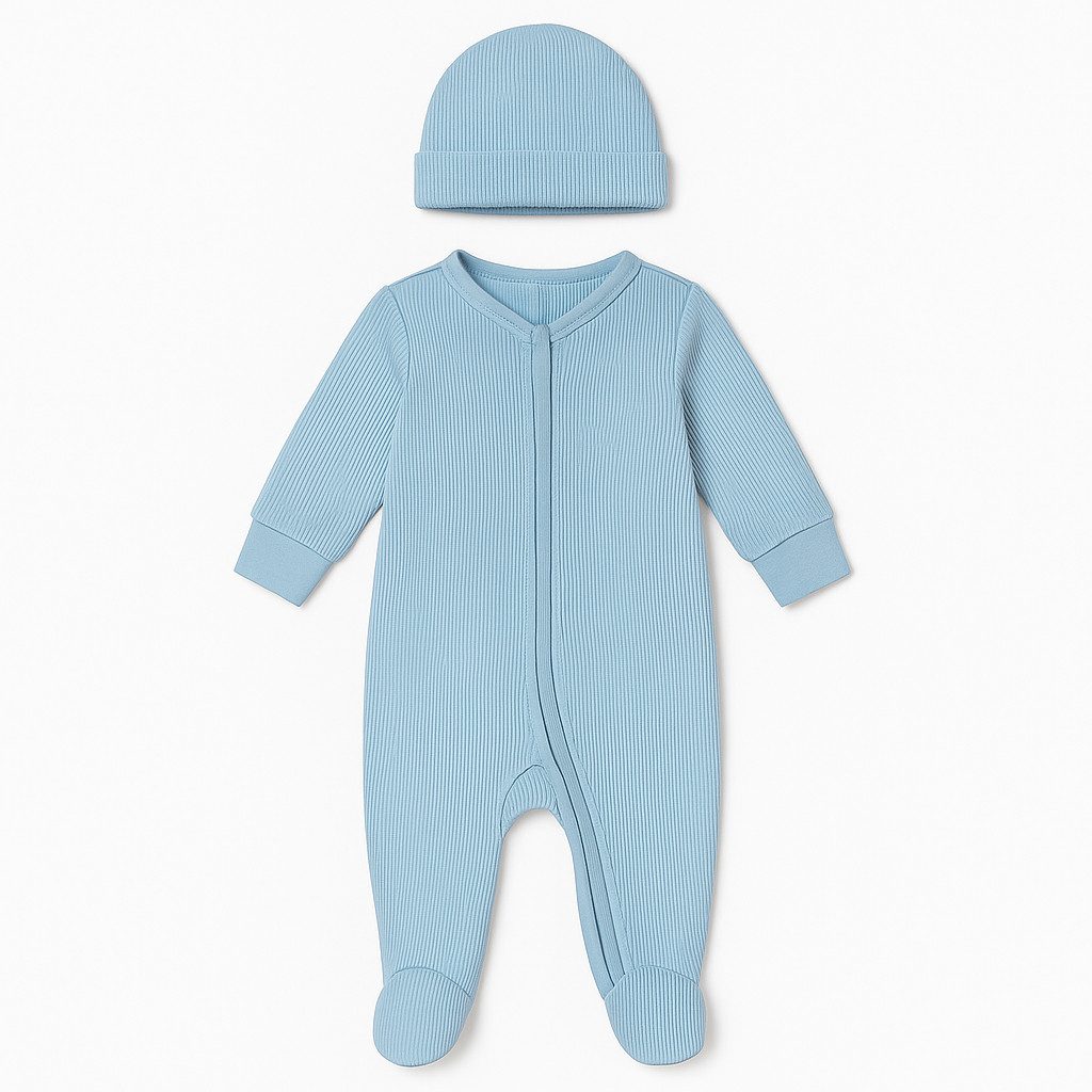 Strampler Baby Jungen Strampler mit Fuß + Mütze, Blau, 100 % Baumwolle