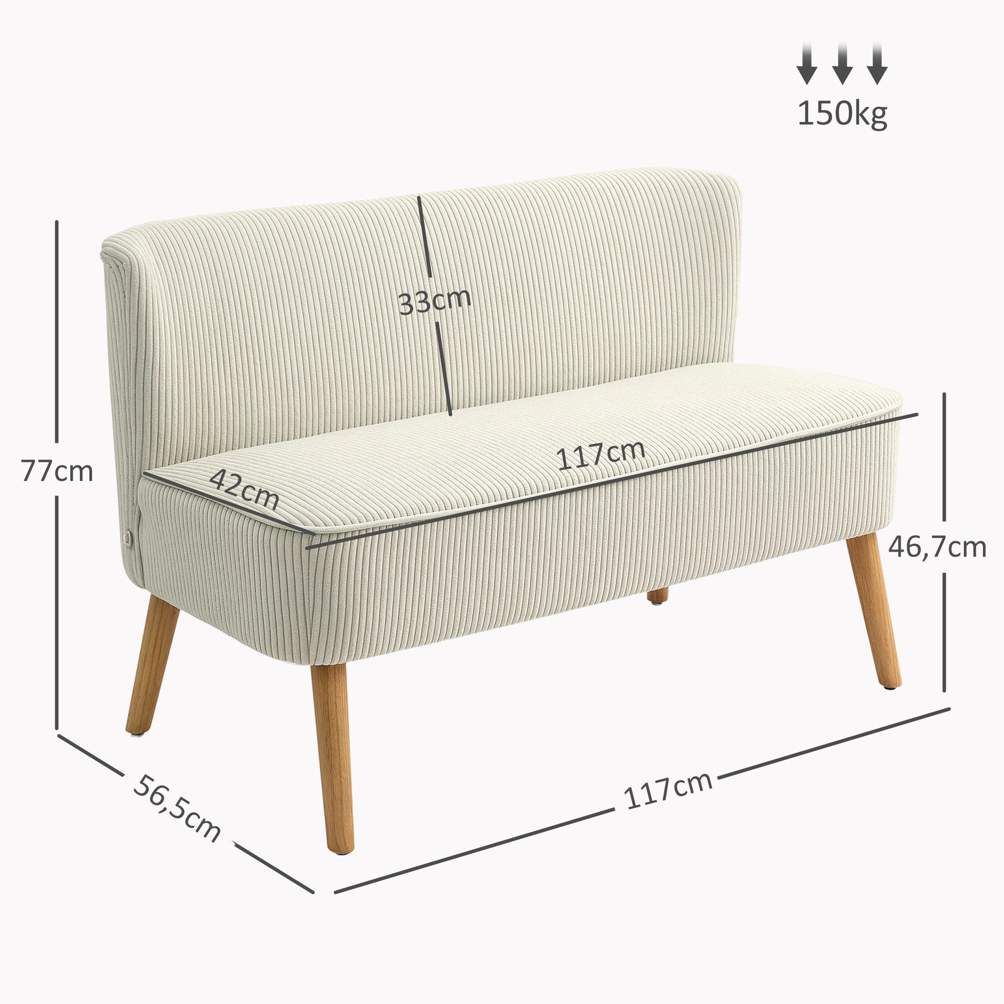 HOMCOM 2-Sitzer Sofa Loveseat mit Leinen-Optik für Schlafzimmer 117x56,5x77cm, Doppelsofa 1 Teile, für Wohnzimmer, Schlafzimmer, 117 x 56,5 x 77 cm, Cremeweiß – Bild 3 von 5
