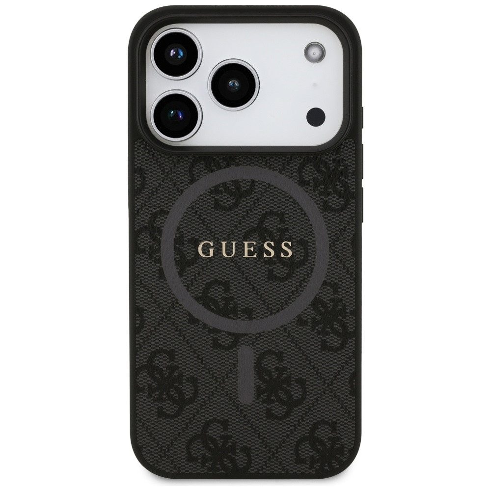 Guess Handyhülle MagSafe iPhone 17 Pro Kunstleder grau Logo Metall goldfarben 6,3 Zoll, Kantenschutz