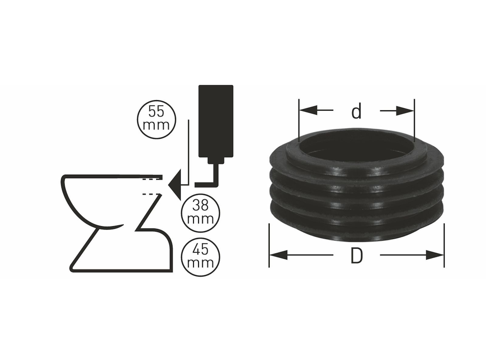 Stedo WC-Anschlussrohr Euro WC-Spülrohrverbinder Ø 55 mm für UP-Spülkasten schwarz