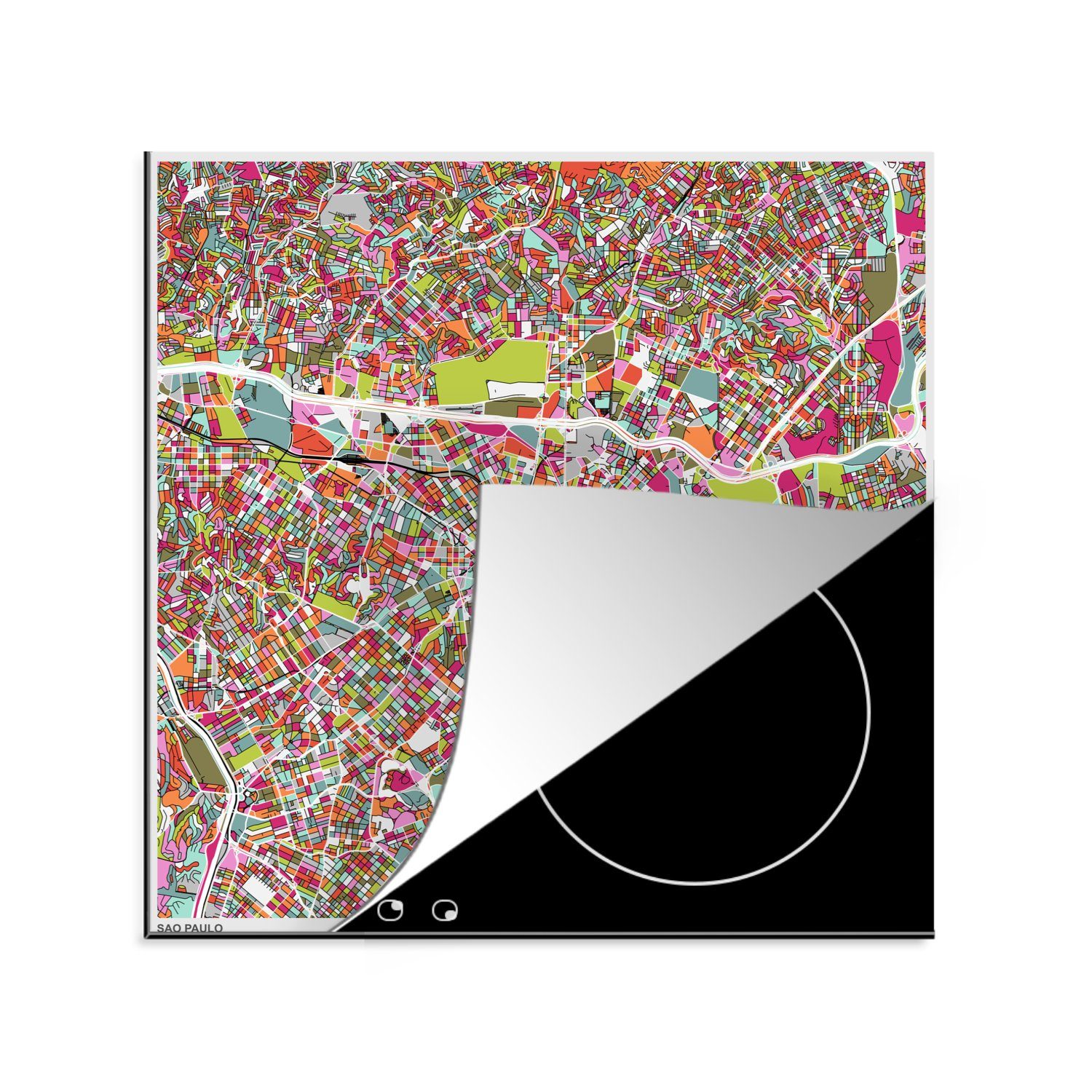 MuchoWow Herdblende-/Abdeckplatte Illustration einer bunten Karte von São Paulo, Vinyl, (1 tlg), 78x78 cm, Ceranfeldabdeckung, Arbeitsplatte für küche | Herdabdeckplatten
