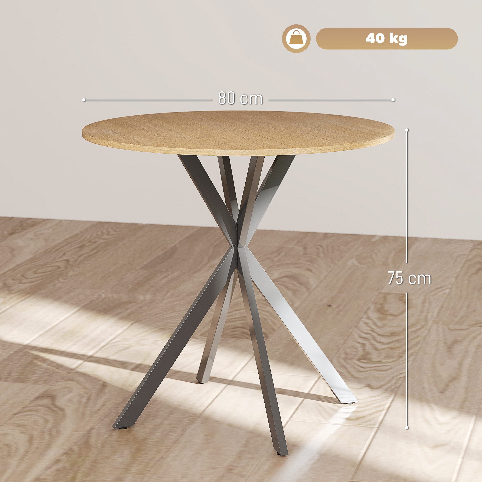 HOMCOM Esstisch Küchentisch im Industriestil mit Stahlbeinen für 2 Personen (für Esszimmer, Küche, Wohnzimmer, 1-St., rund, 80 x 80 x 75 cm), Eiche