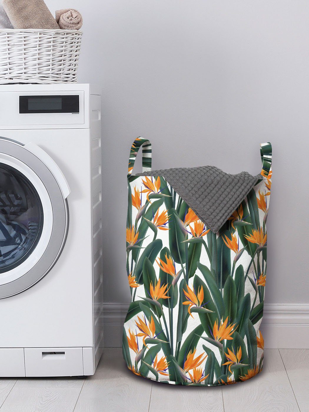 Art Wäschekorb Wäschesäckchen Belaubt Abakuhaus Tropisch für Waschsalons, Griffen Paradiesvogel Kordelzugverschluss mit
