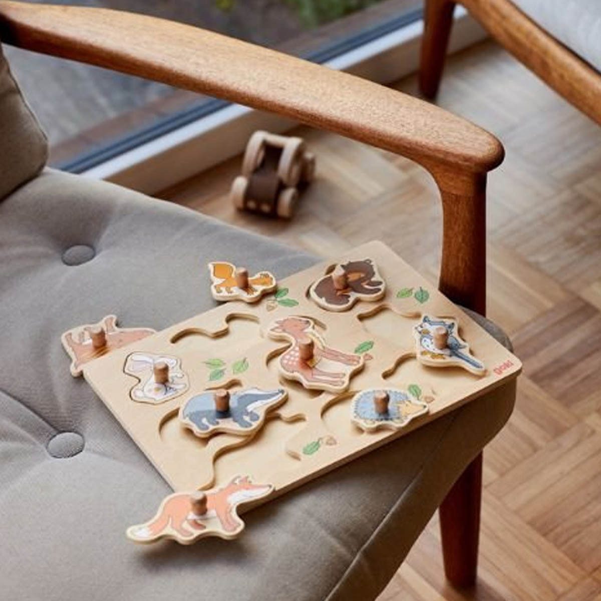 goki Steckpuzzle Steckpuzzle Waldtiere, 9 Puzzleteile, Mit kindgerechten Holzknöpfe