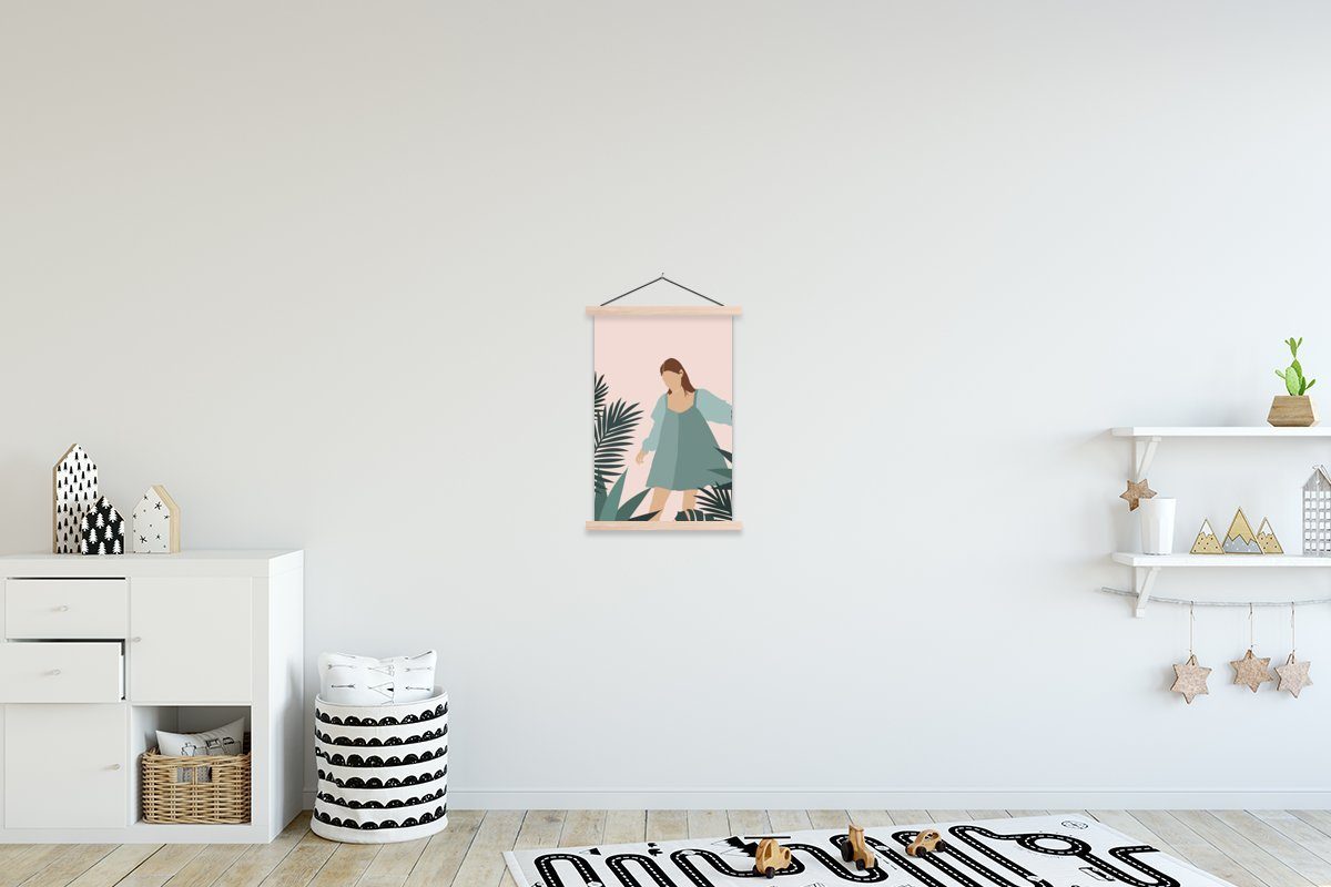 MuchoWow Poster Sommer - Frau - Pflanzen - Pastell, (1 St), Posterleiste, Textilposter für Wohnzimmer, Bilderleiste, Magnetisch