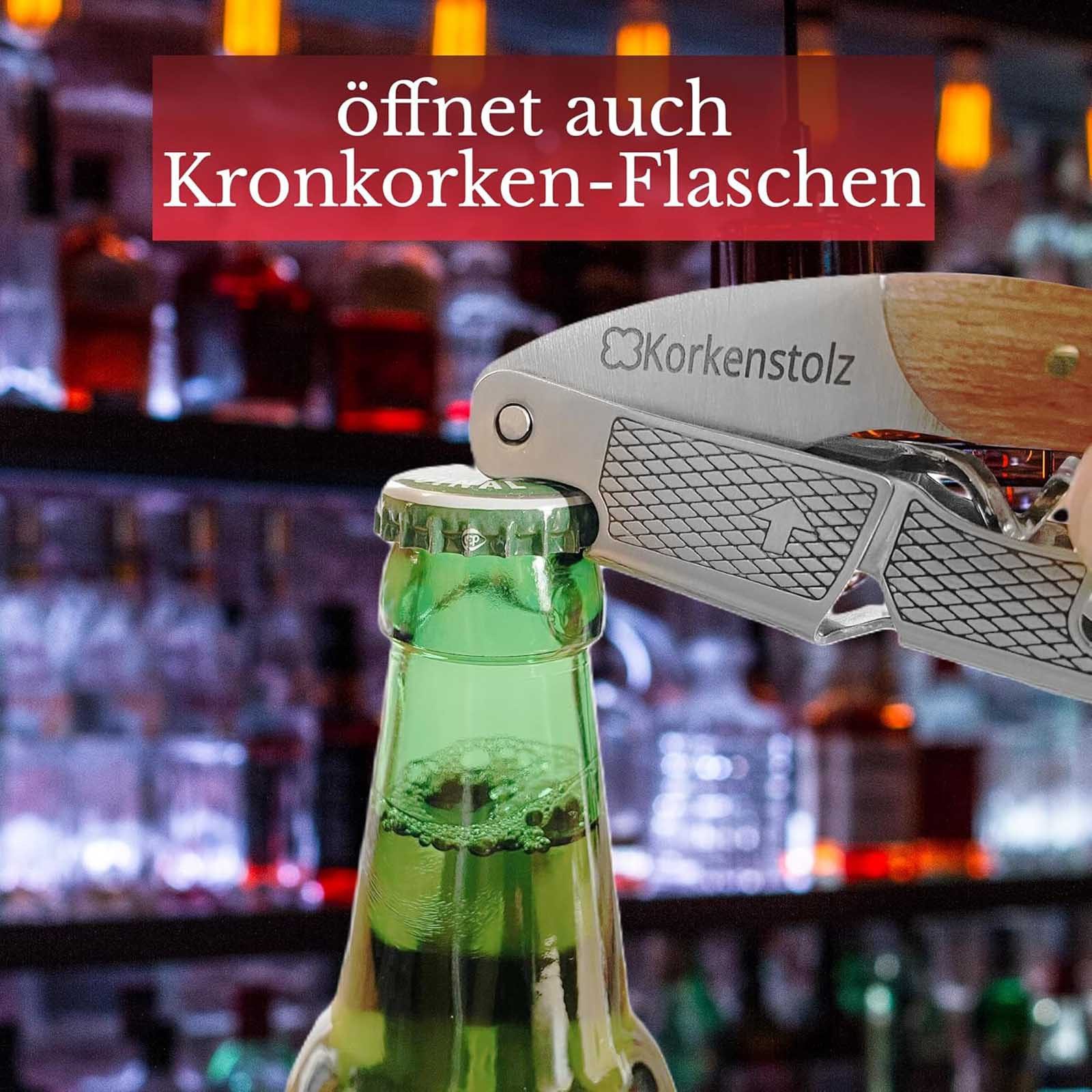 Korkenstolz Korkenzieher Flaschenöffner Edelstahl Kellnermesser Sommeliermesser Weinöffner, (1 tlg), mit Holzgriff – Bild 5 von 5