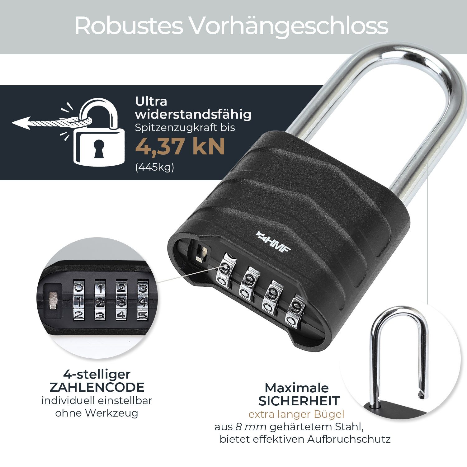 HMF Vorhängeschloss Zahlenschloss Vorhängeschloss mit hohem Bügel, robustes Schloss mit, 4-stelligem Zahlencode Aluminiumlegierung, 5,6 x 2,6 x 11,7 cm Schwarz