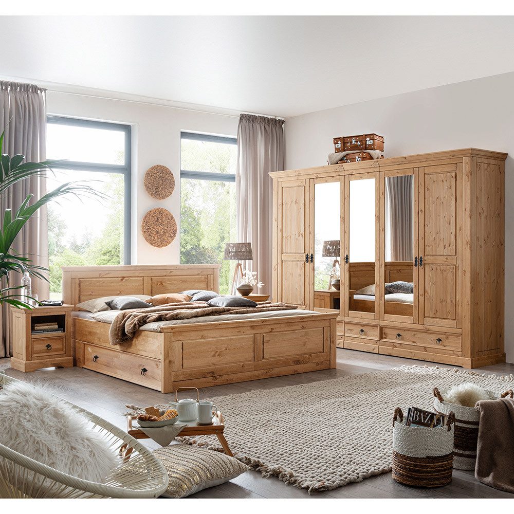 Lomadox Schlafzimmer-Set STEINKJER-69, (Spar-Set, 4-tlg., Kleiderschrank Bettgestell Bettschubladen Nachttische), aus Kiefer massiv, eichefarben geölt, Bett 180x200cm