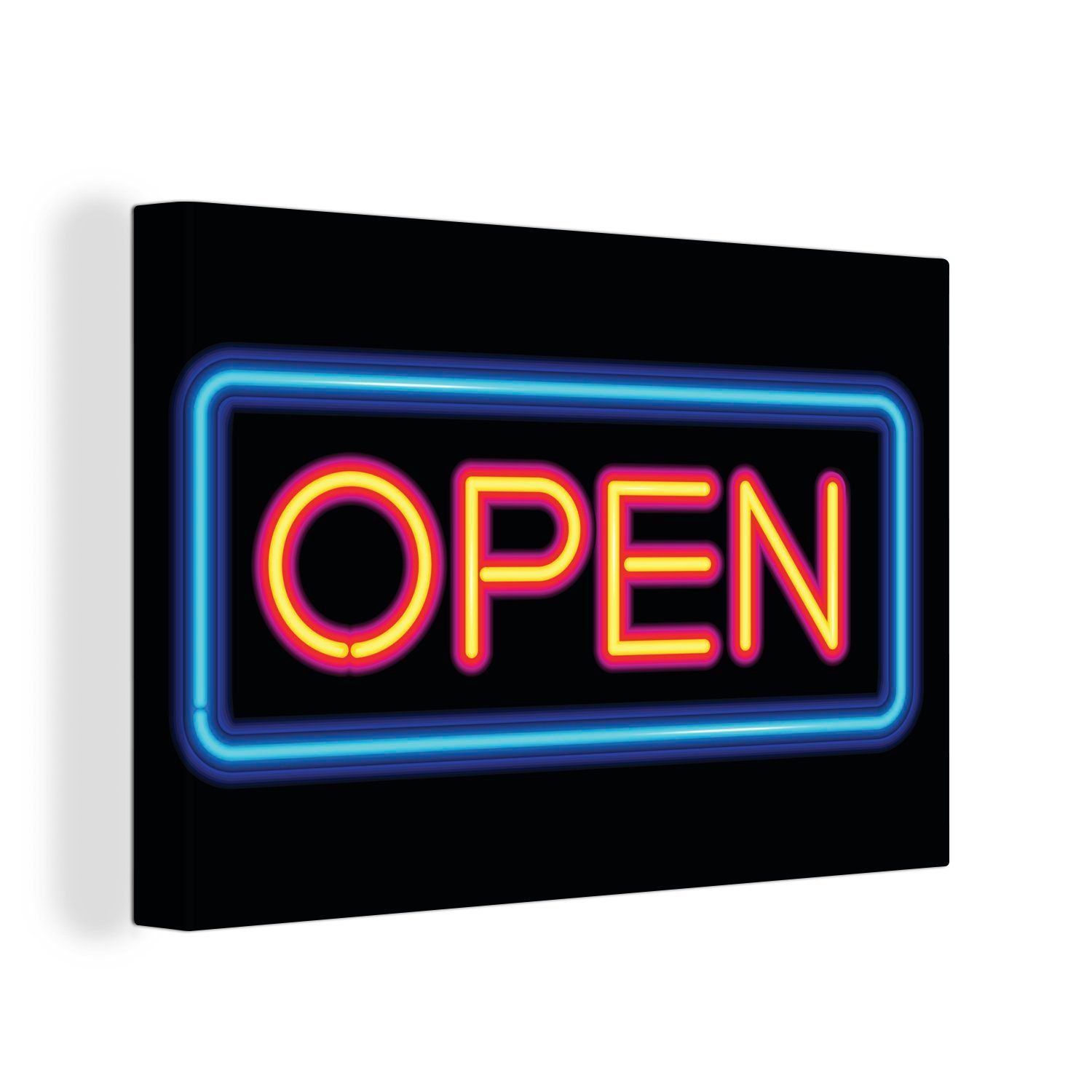 OneMillionCanvasses® Leinwandbild Illustration eines Leuchtreklame-Schildes "offen"., (1 St), Wandbild Leinwandbilder, Aufhängefertig, Wanddeko, 30x20 cm