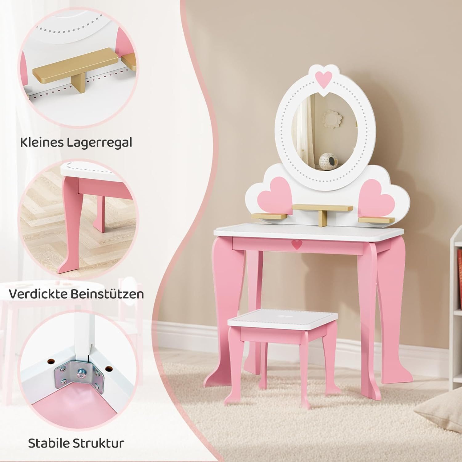 TLGREEN Schminktisch, 2-in-1 Kinderschminktisch mit Spiegel (Puppenschminktisch & Schreibtisch Mädchen, 50x33x91cm, Spielzeug für Mädchenab 3 Jahre), Kinder Makeup Tisch Rosa mit Stuhl