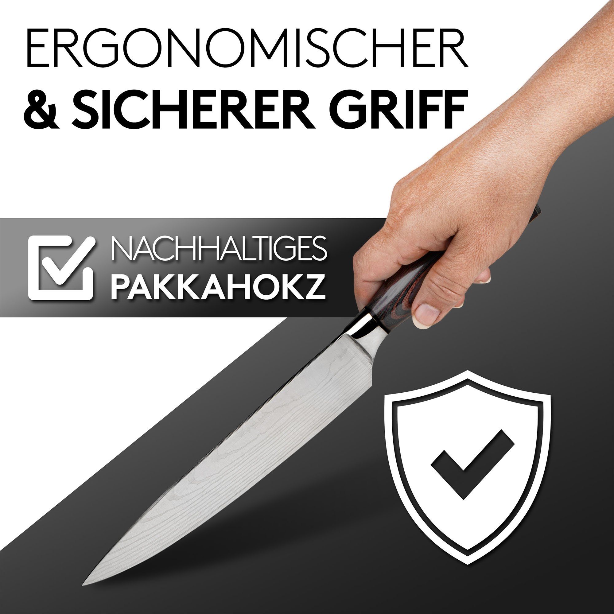 Salqinos® Allzweckmesser - Profimesser aus Carbon Edelstahl mit Messerschärfer & Fingerschutz