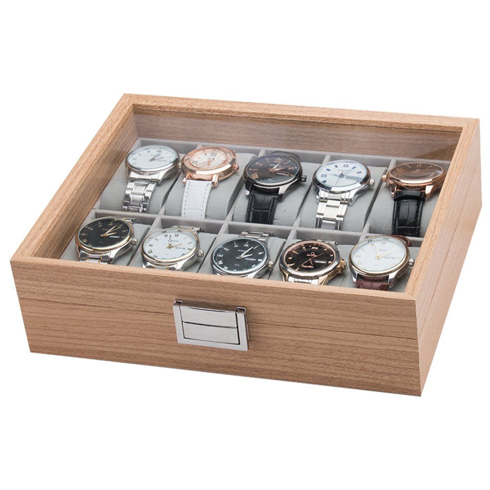 für 10 Uhrenbox Uhrenpräsentation Schmuckkasten Uhrendisplay Uhrenkoffer mixed24 Uhren, Deckel Armbanduhren für Echtglas Holz Optik Uhrenlade mit