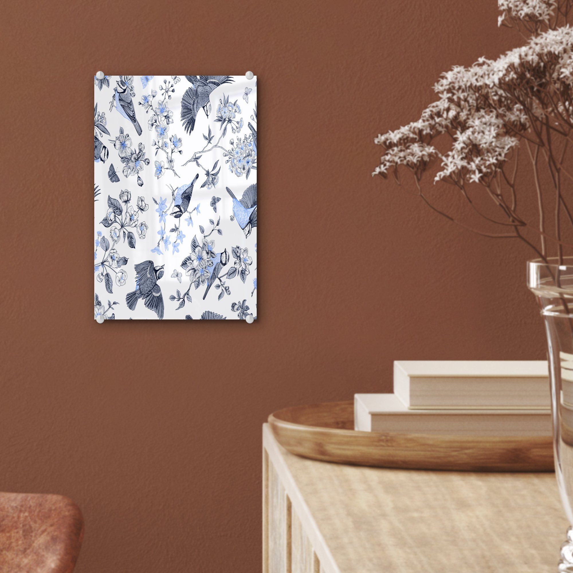 Acrylglasbild Blau, Blumen Wanddekoration Bilder - auf - - St), Glas - MuchoWow Wandbild - Glas auf Foto (1 Vogel Glasbilder