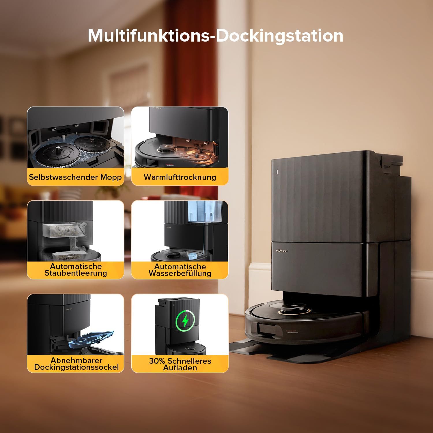 Roborock Saugroboter Qrevo S5V, FlexiArm Mopp(Upgrade von Qrevo/S7 Pro Ultra), 60 W, 12000Pa Saugkraft, 100% Haar-Entfernungsrate, 0% Verhedderung, Multifunktionales Dock, Reactive Tech-Hindernisvermeidung, PreciSense-LiDAR-Navigation
