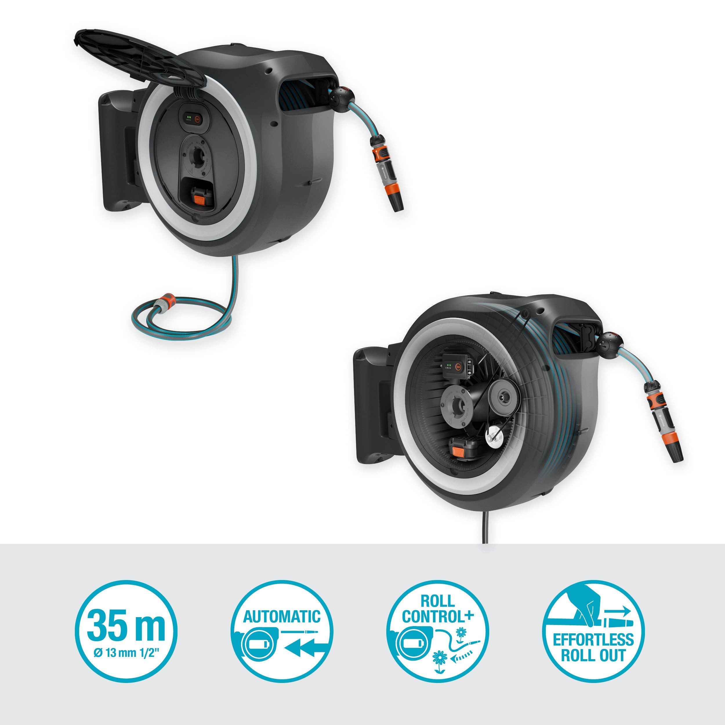 GARDENA Schlauchbox PowerRoll XL 18V P4A Ready-To-Use Set, innovativ, mit Funkfernsteuerung, Inkl. Akku und Ladegerät