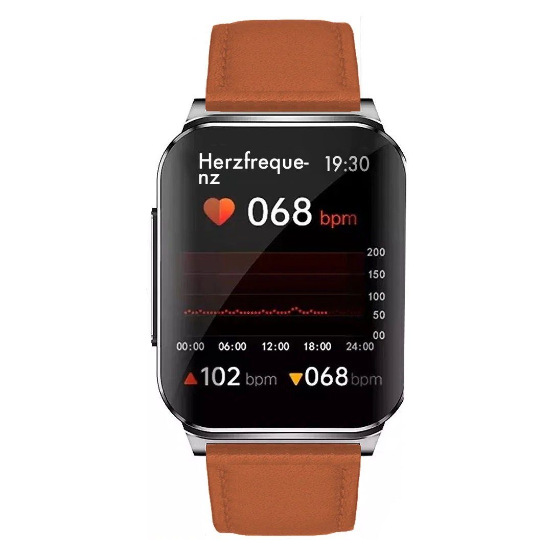 Knauermann Pro 2 Plus (2023) Smartwatch (1,83 Zoll), inkl. Schnell-Ladekabel Lederfaserarmband Braun-Lederfaserarmband Braun | silber