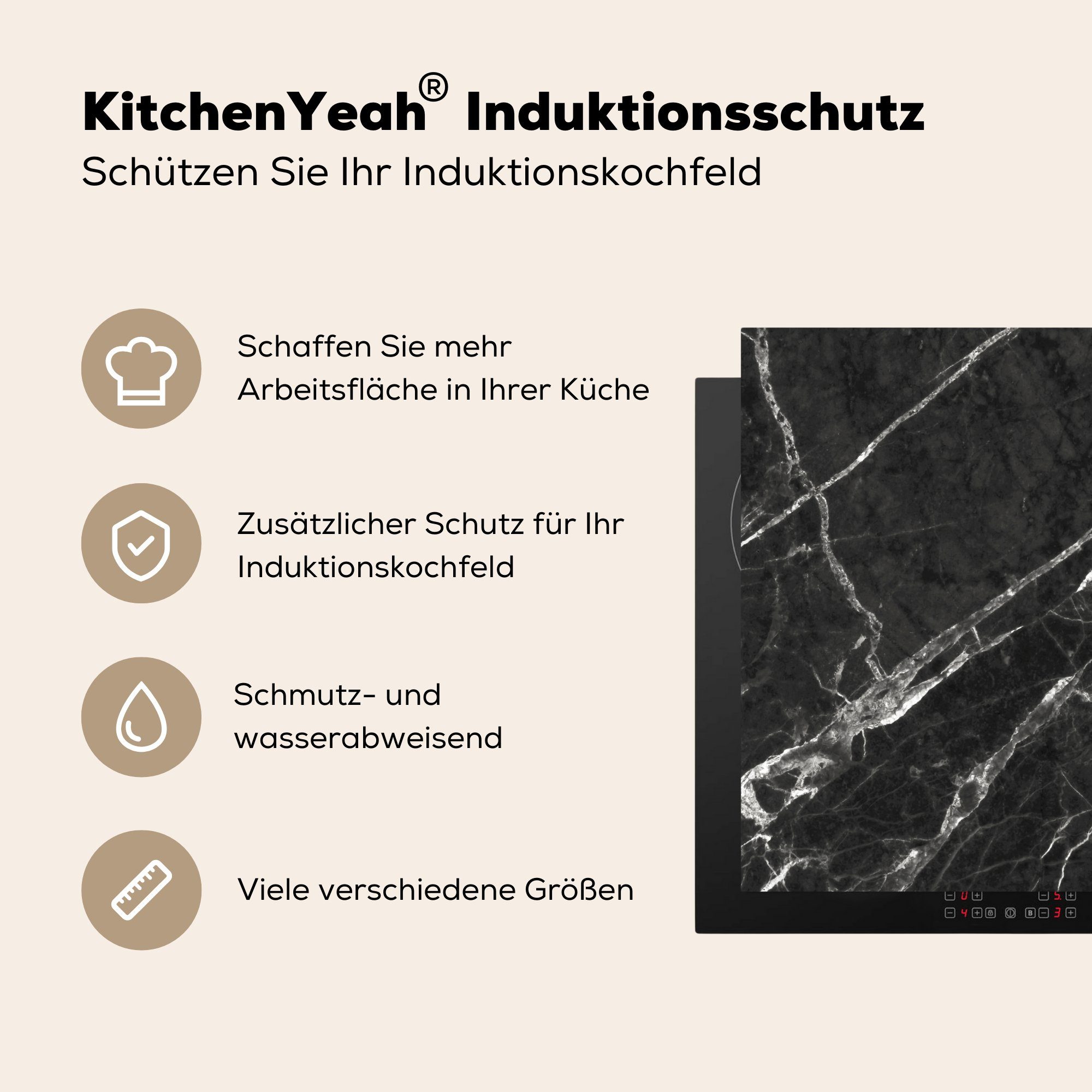 Marmor tlg), Herdblende-/Abdeckplatte - - küche Linie für (1 78x78 Ceranfeldabdeckung, Weiß - Schwarz, Vinyl, Arbeitsplatte MuchoWow cm,
