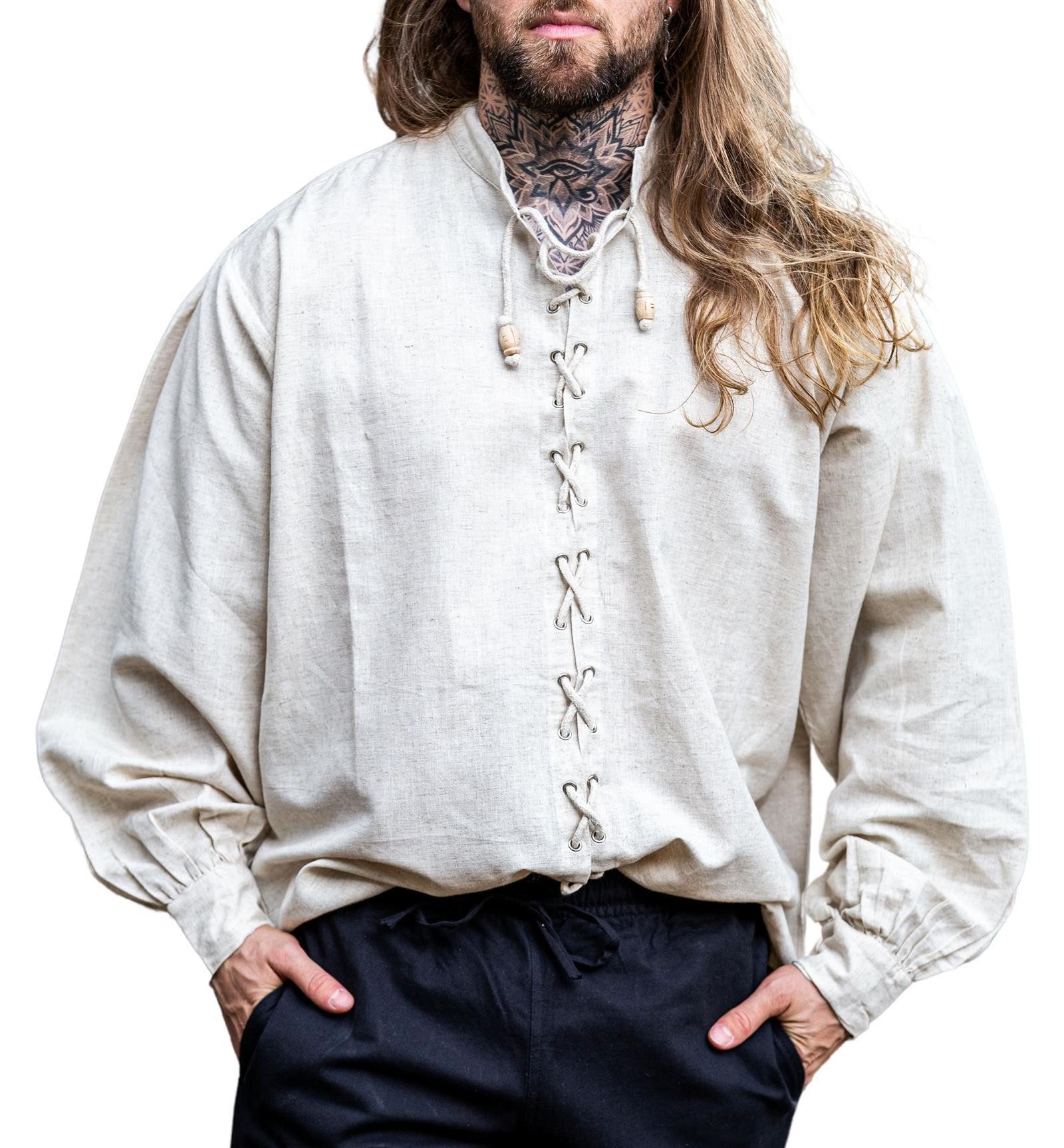 Leonardo Carbone Ritter-Kostüm Schnürhemd "Dagwin" mit Holzknöpfen, Metall-Ösen, weicher Baumwollstoff