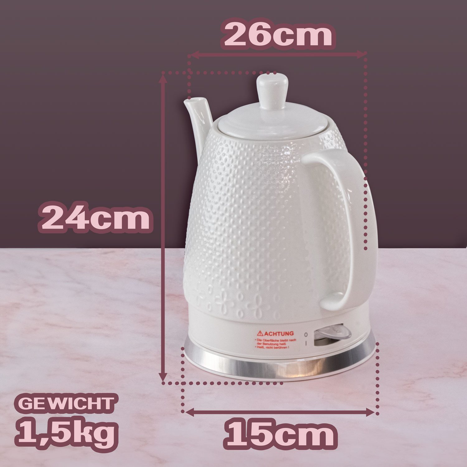 KVOTA Wasserkocher elektrisch aus Keramik, 1,5 Liter,weiß, Design Sakura, Schwanenhals., 1.5 l, 1500 W, Schwanenhals, Keramik