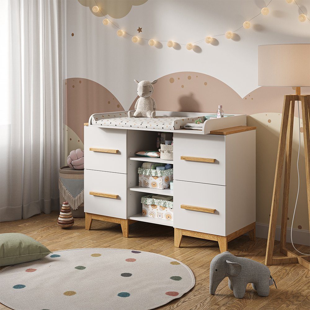 VitaliSpa® Wickelkommode Malia, Weiß/Eiche, 133 x 98 cm XL mit 4 Schubladen