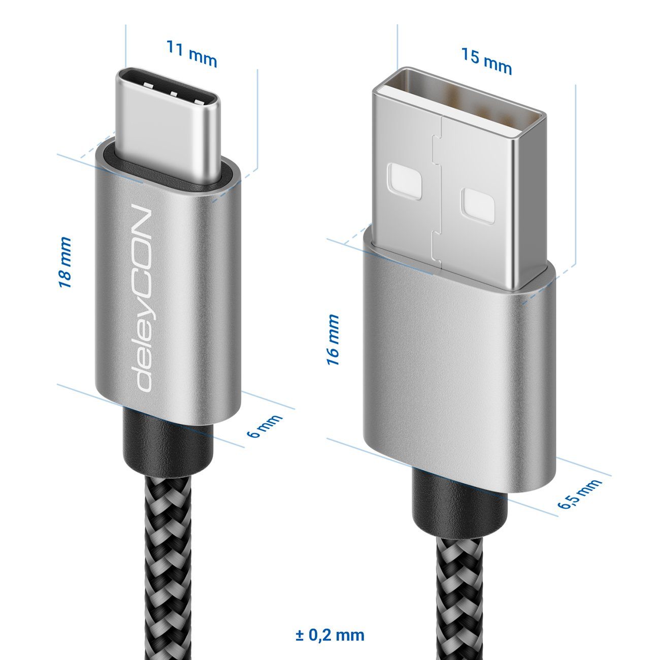 deleyCON 0,5m USB-C Kabel Nylon Ladekabel Datenkabel USB Typ C Handy USB-Kabel