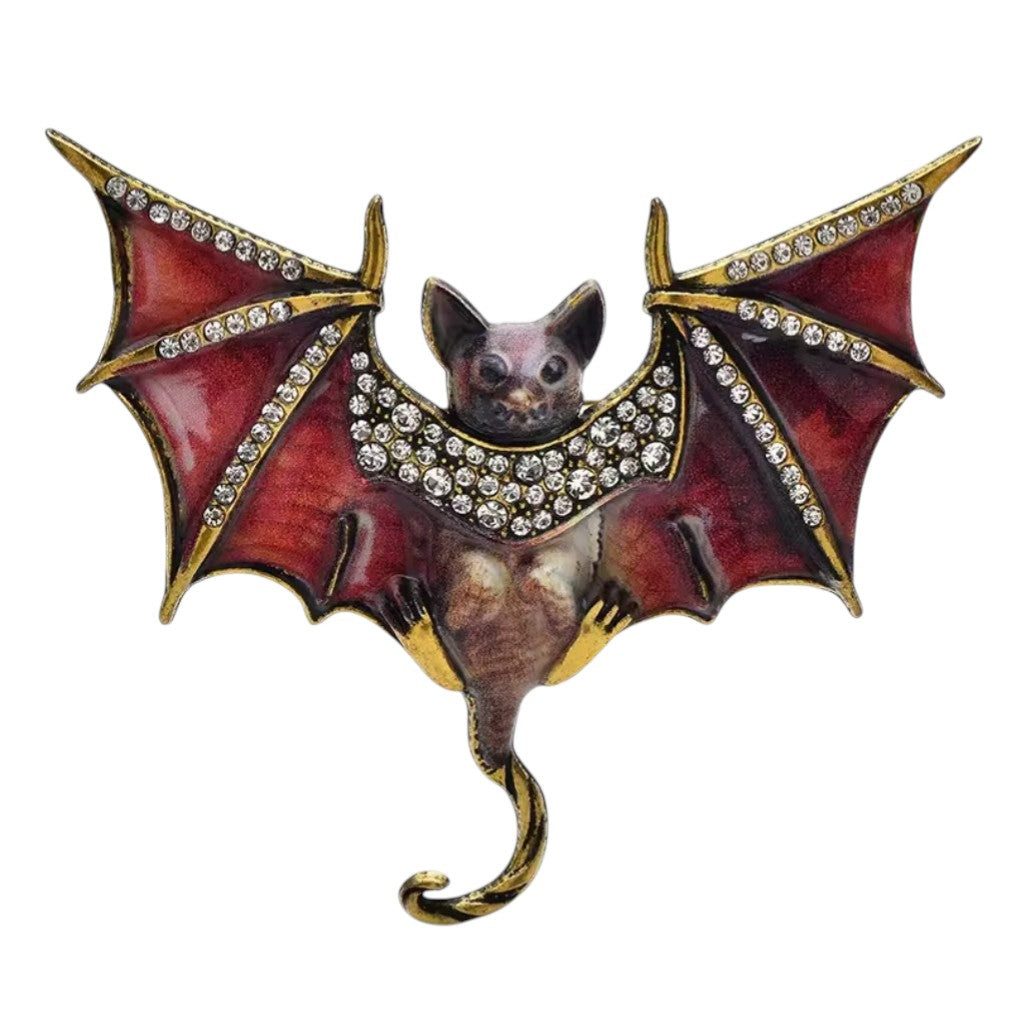Dark-Desires Brosche Große Fledermaus-Brosche Rot-Gold mit Strass 7 cm, Damen Brosche vintage Accesssoire retro Anstecknadel