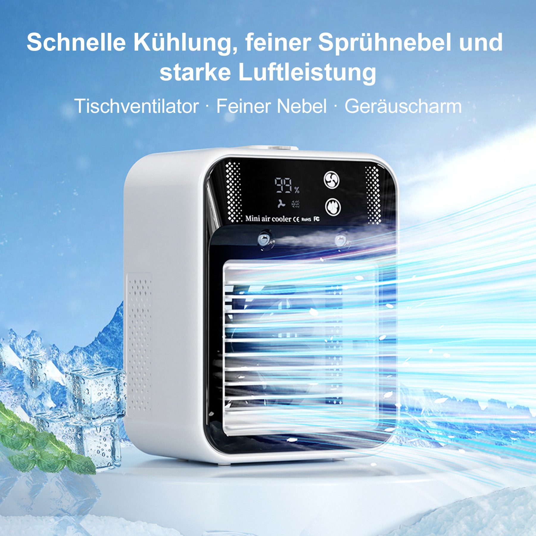 Senmudi Ventilatorkombigerät Luftkühler mit Verdunstungskühlung Mini Ventilator USB 3 in 1,6000MAH, mit 2 Stufen Tragbarer Ventilator mit Sprühen für Schlafzimmer Büro