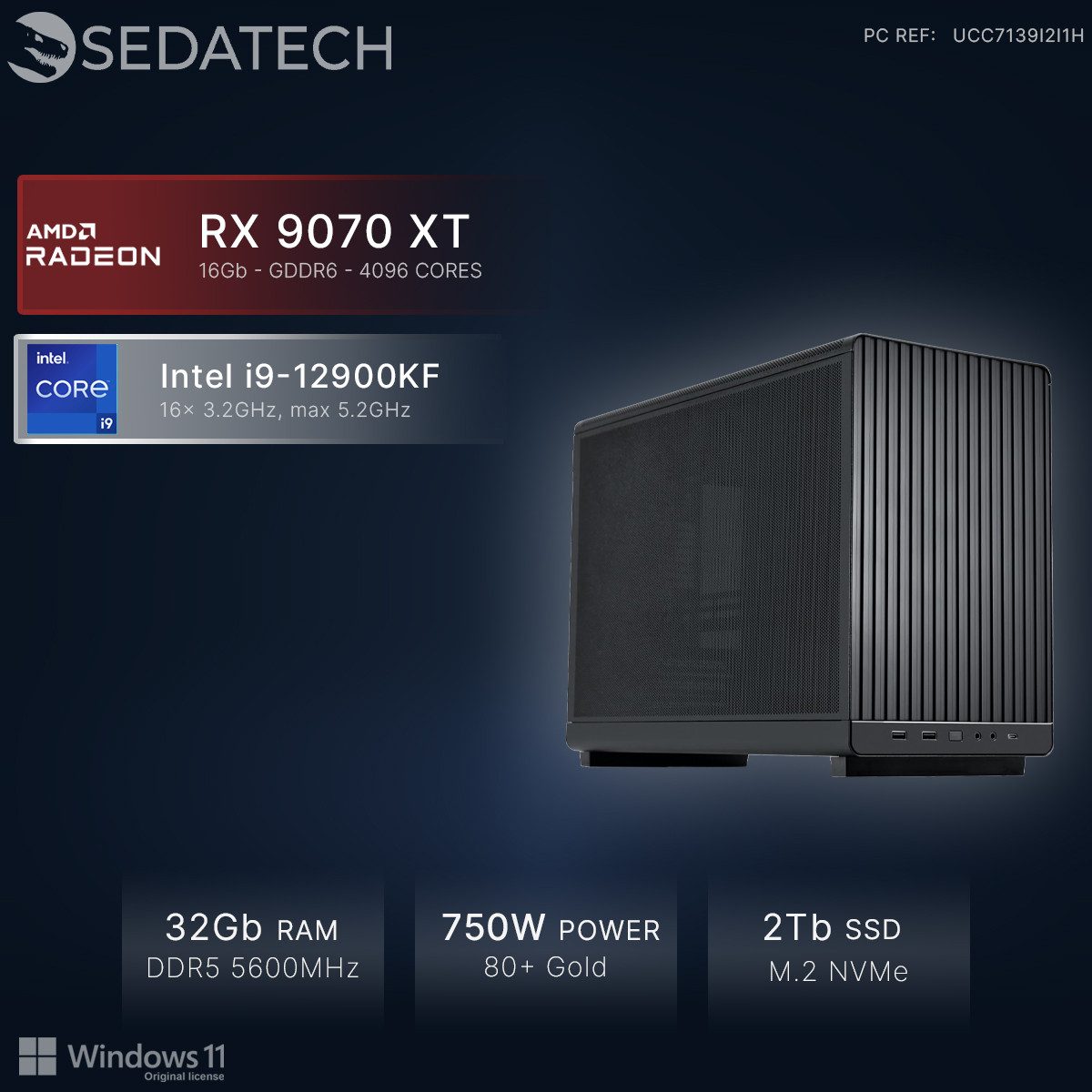 Sedatech UCC7139I2I1HF - Workstation Mini-PC (Intel Core i9 12900KF 16x 3.2GHz (max 5.2GHz), Radeon RX 9070 XT 16GB, 32 GB RAM, 2000 GB SSD, Wlan 6E)