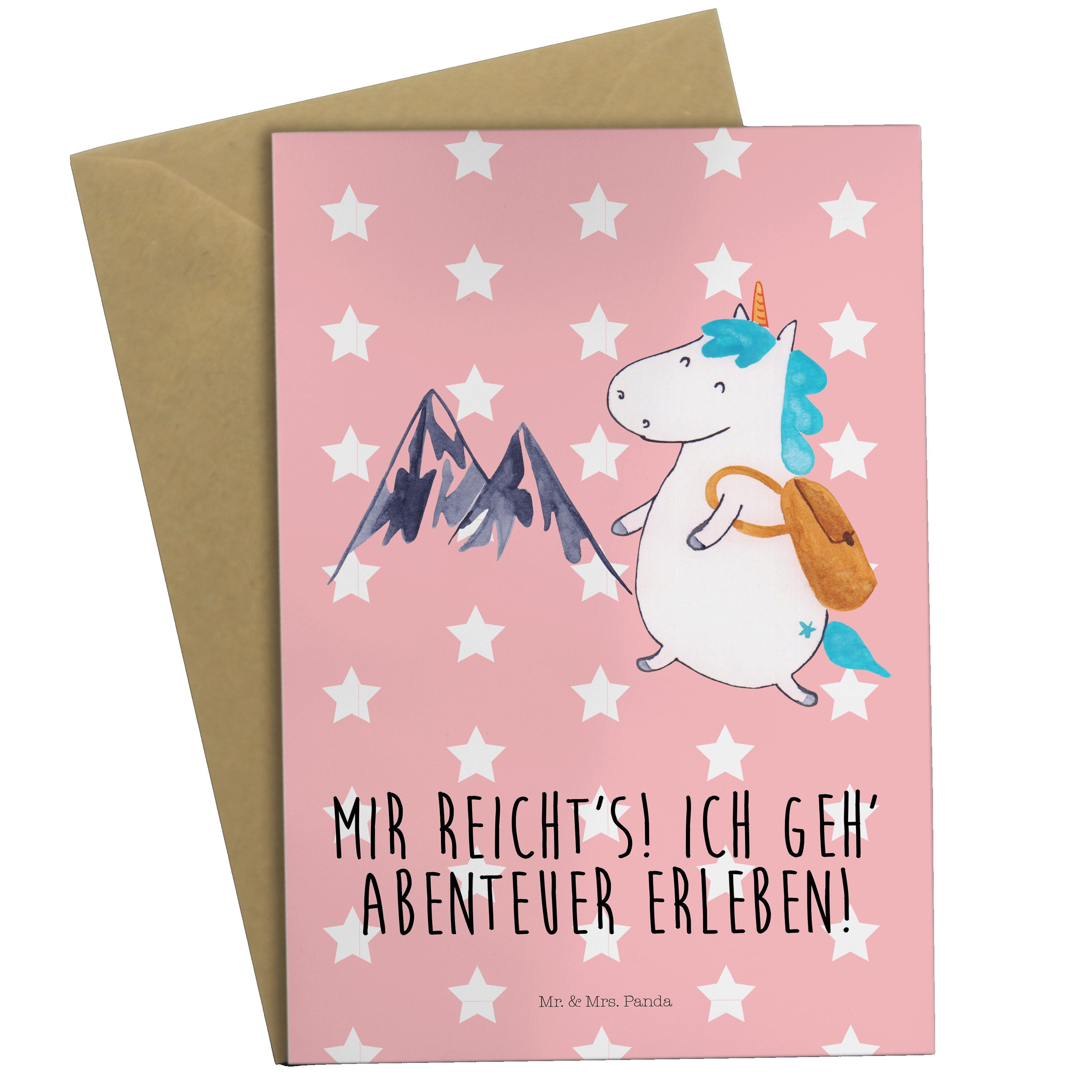 Mr. & Mrs. Panda Grußkarte Einhorn Bergsteiger - Rot Pastell - Geschenk, Entdecker, Klappkarte