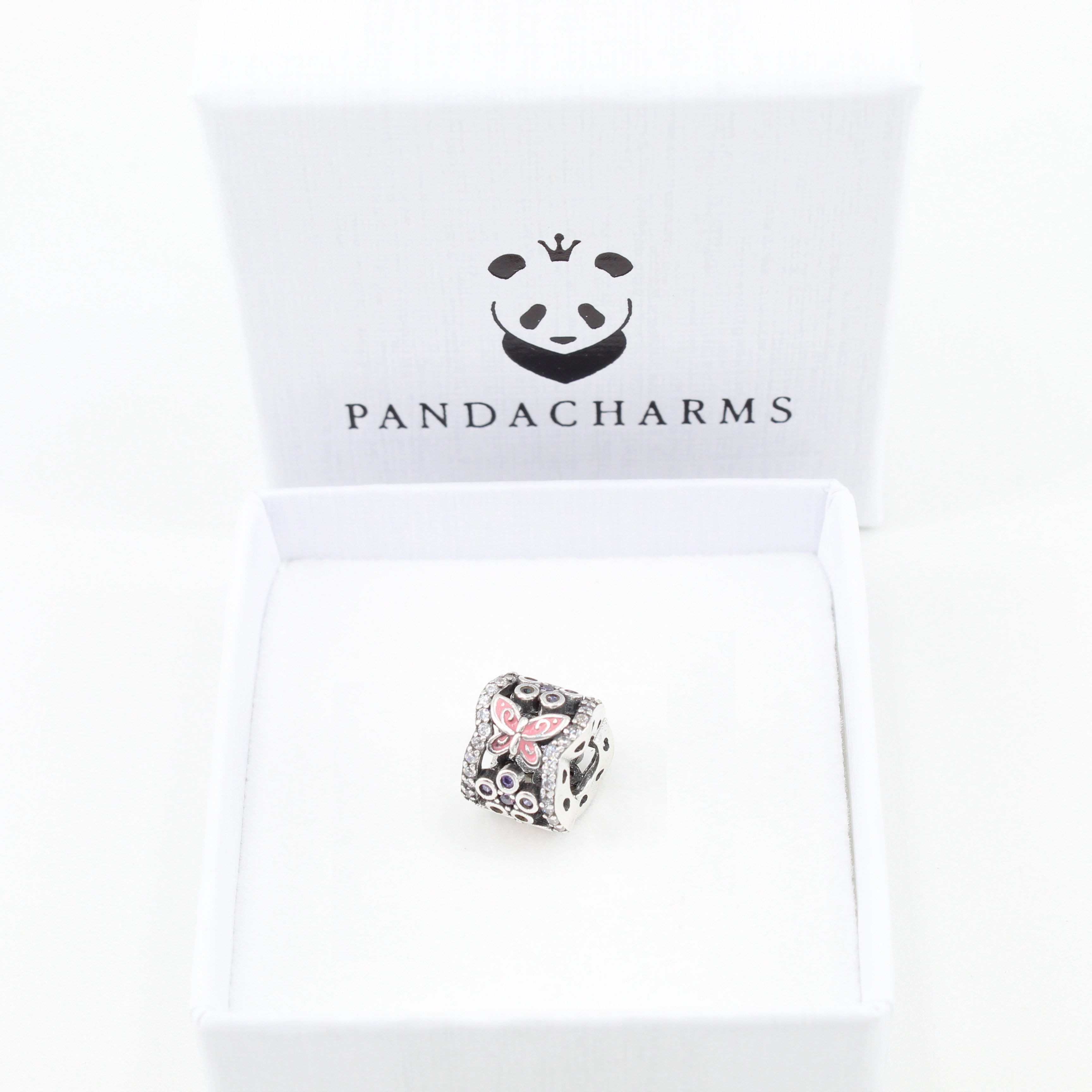 PANDACHARMS Bead Rosa Schmetterlinge und Lila Blumen Charm, 925er Silber