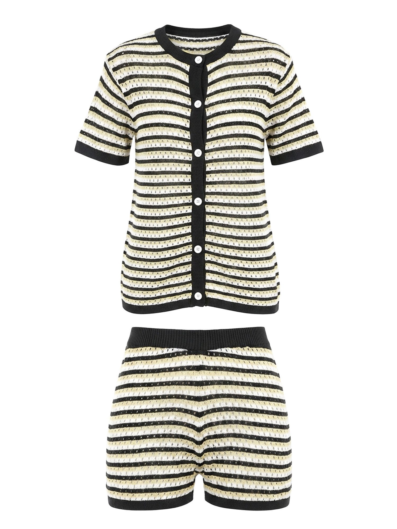 Imily Bela Hausanzug Damen Häkel 2-teiliger Set (Set, 2 tlg., Strick-Shirt + Shorts) gestreiftes – Bild 5 von 5