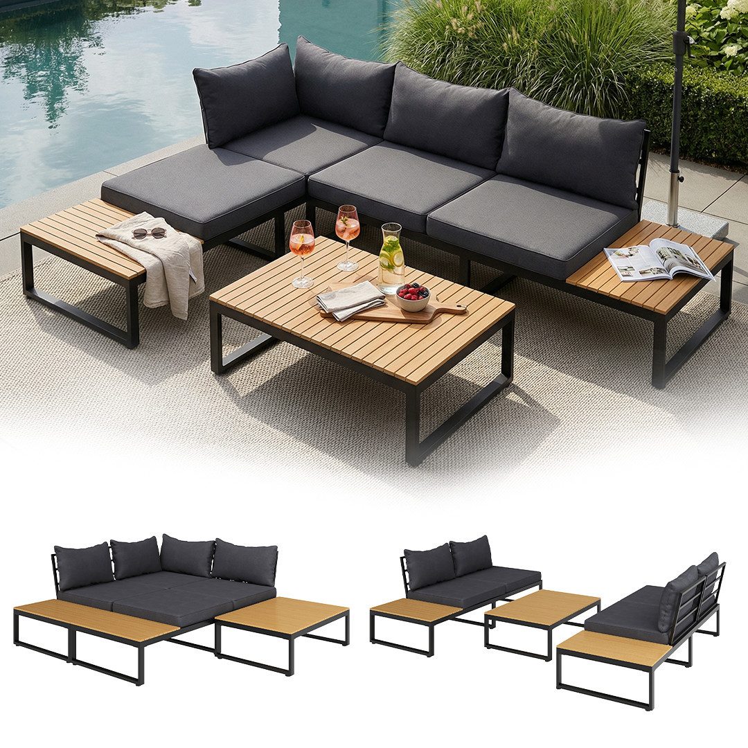 STEELSØN Gartenlounge-Set Zandra, Gartenmöbel-Set mit Ecksofa und Tisch Akazienholz, schwarz