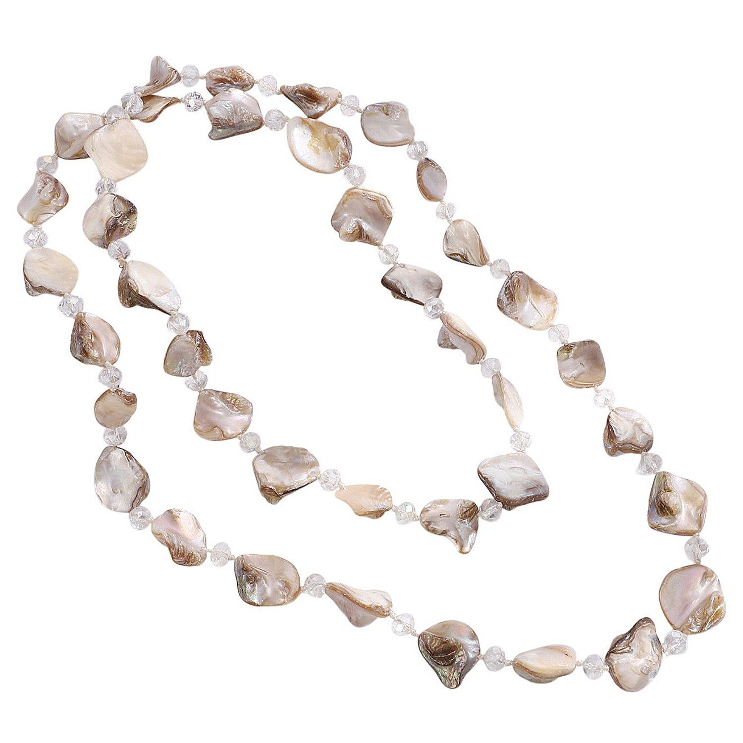 KARMA Lange Kette Lange Halskette Muschelsteine & Kristalle Beige (Geschenk für Frauen Muschelkette, Damenhalskette modern), 120 cm Damen Kette Pulloverkette
