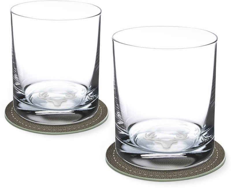 Contento Whiskyglas, Glas, Hirsch, 400 ml, 2 Gläser, 2 Untersetzer