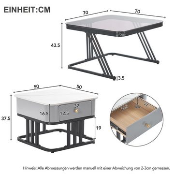 OBOSOE Couchtisch Zweiteiliger Premium Couchtisch mit Massivholz Schubladen (2er Set), Teal Glas und Marmor Schieferplatte