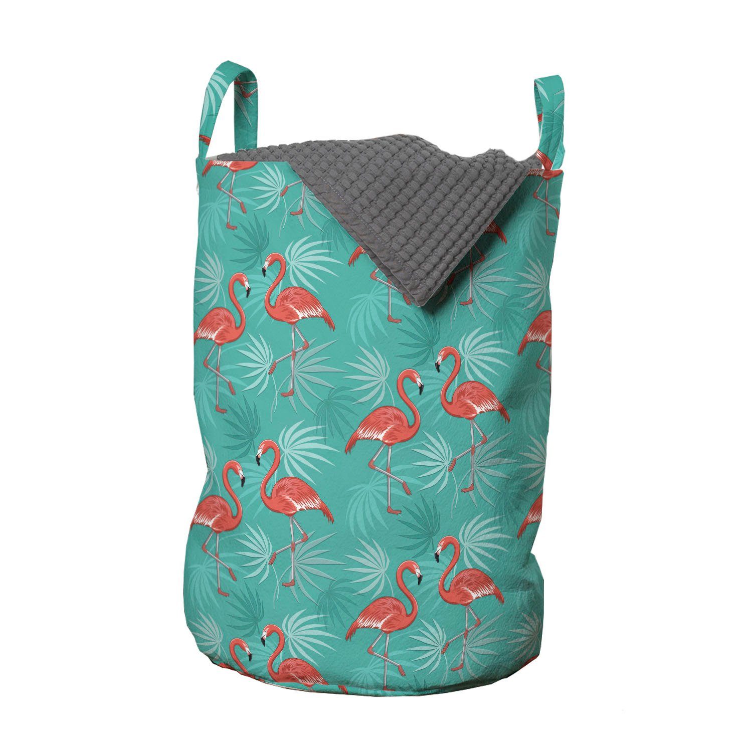 Abakuhaus Wäschesäckchen Wäschekorb mit Griffen Kordelzugverschluss für Waschsalons, Flamingo Vögel Exotische Blätter