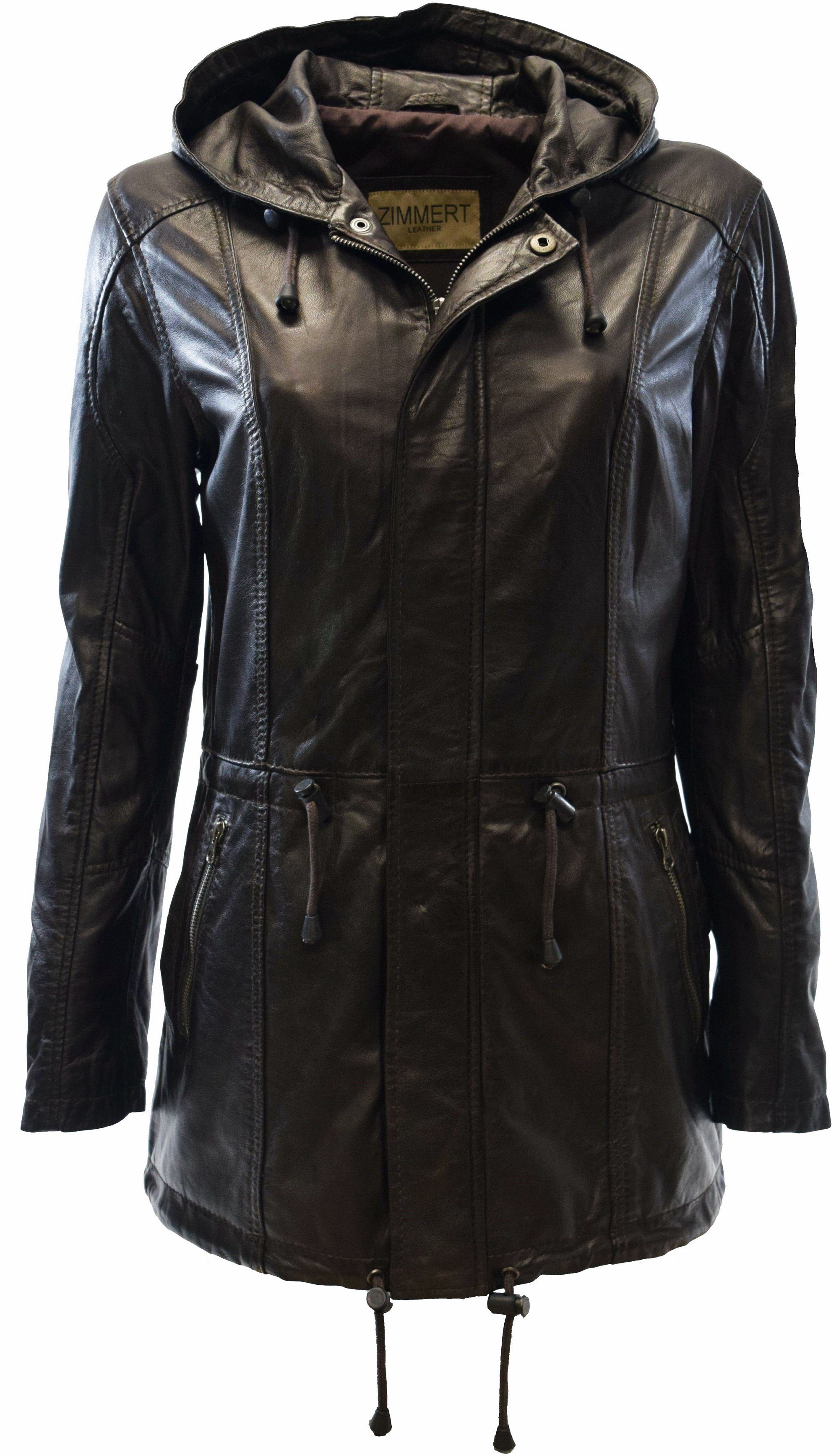 Zimmert Leather Jacke washed Cognac, Mocca Schwarz, Kapuze, Lammnappa, Lederjacke Lila Braun, lange