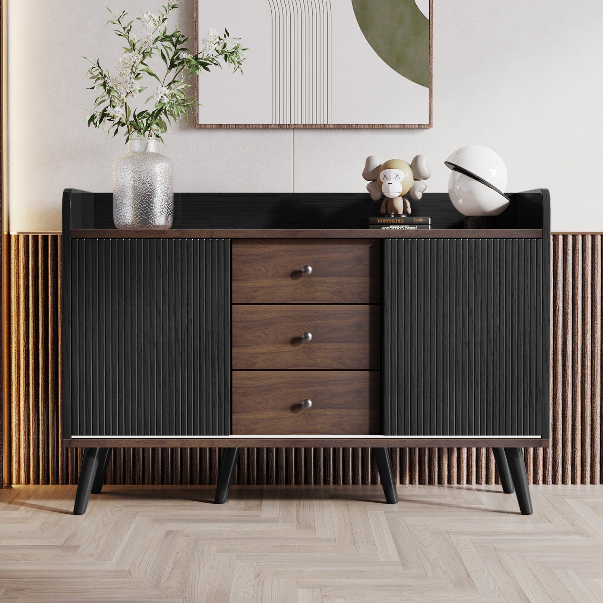 Odikalo Sideboard Aktenschrank mit Stauraum (Sideboard mit drei Schubladen, exquisite Maserung. Sideboard für Schlafzimmer und Wohnzimmer, Moderne Holzfarbe-Sideboard mit Stauraumregalen. H80/L117,5/T40 cm)