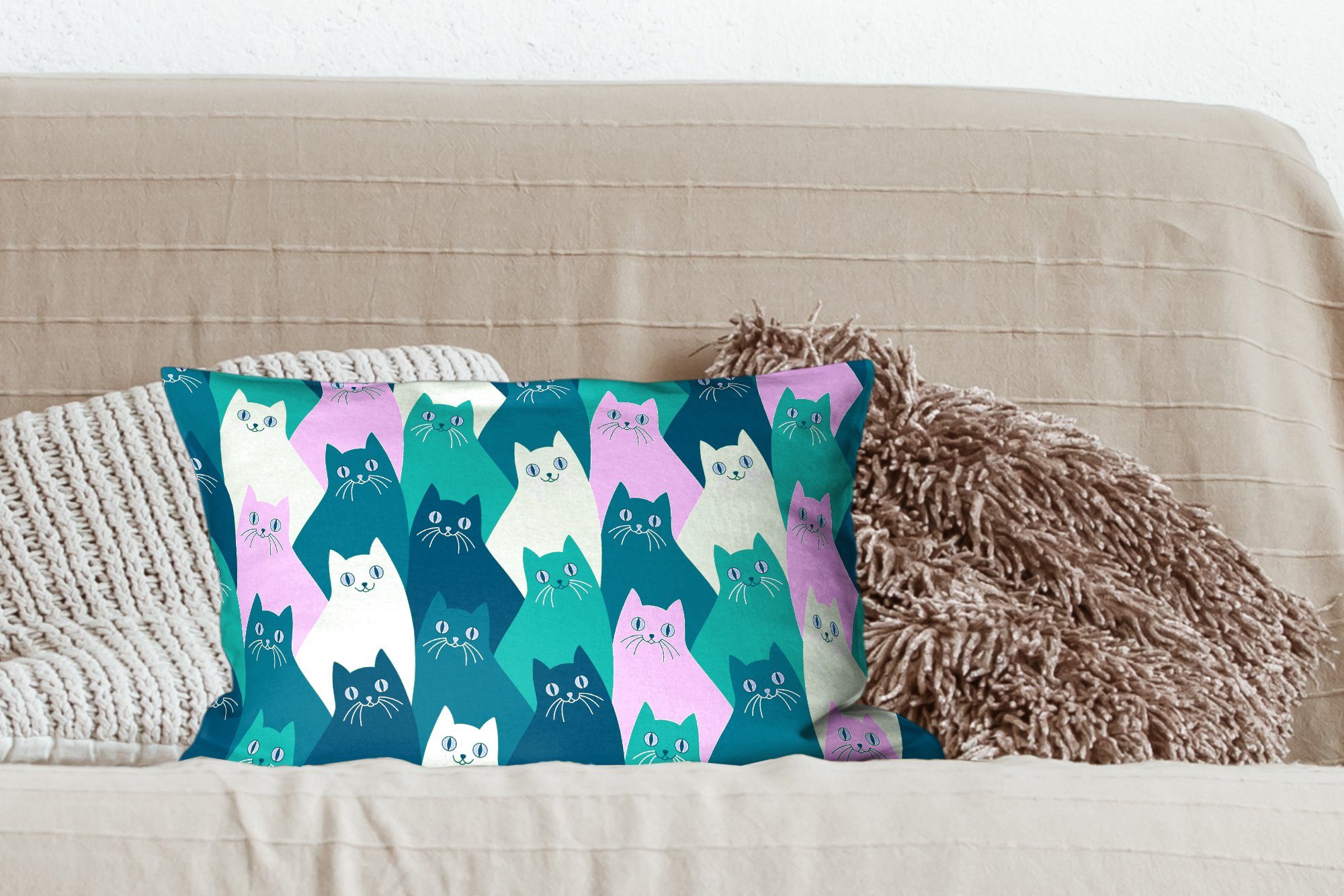 MuchoWow Dekokissen Katzen - Muster Dekokissen Dekoration, - Grün, Füllung, Schlafzimmer Wohzimmer mit Zierkissen