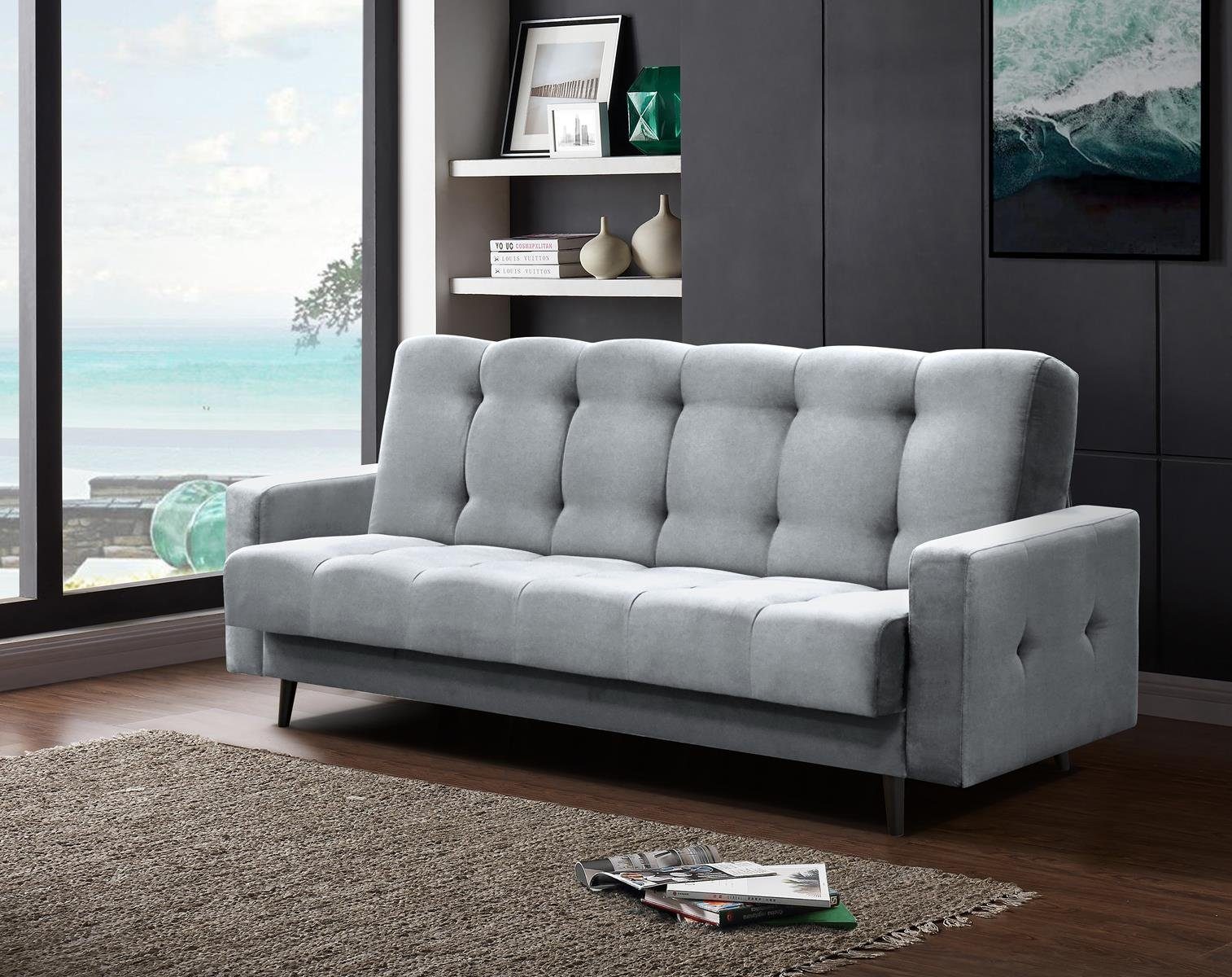 Sofa Bettkasten, Nancy Beautysofa BIS, 05) mit mit Holzbeine, (paros Relaxfunktion, Velours-Bezug Hellgrau Schlafsofa